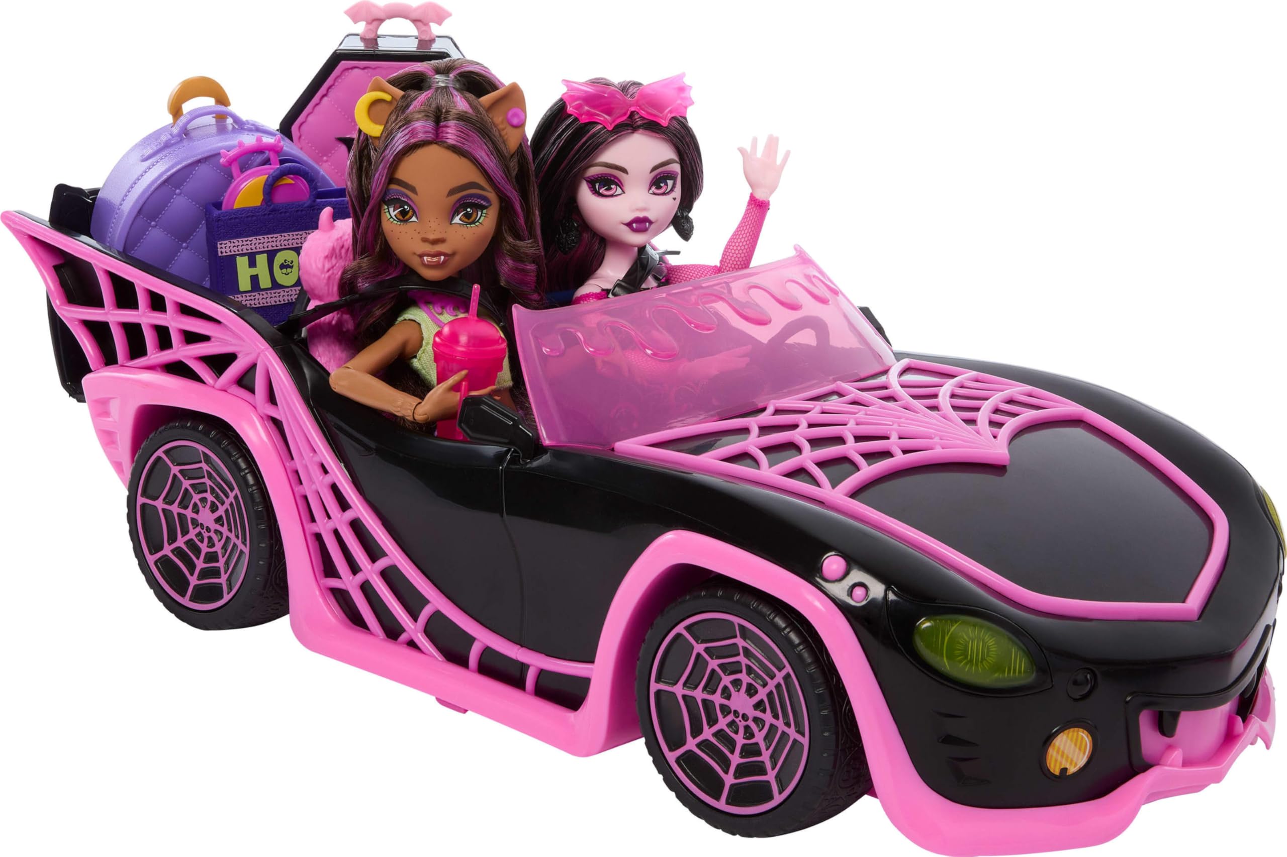 Monster High Eeekend Getaway zestaw do zabawy z lalkami Draculaura i Clawdeen Wilk, pojazd i 20+ akcesoria