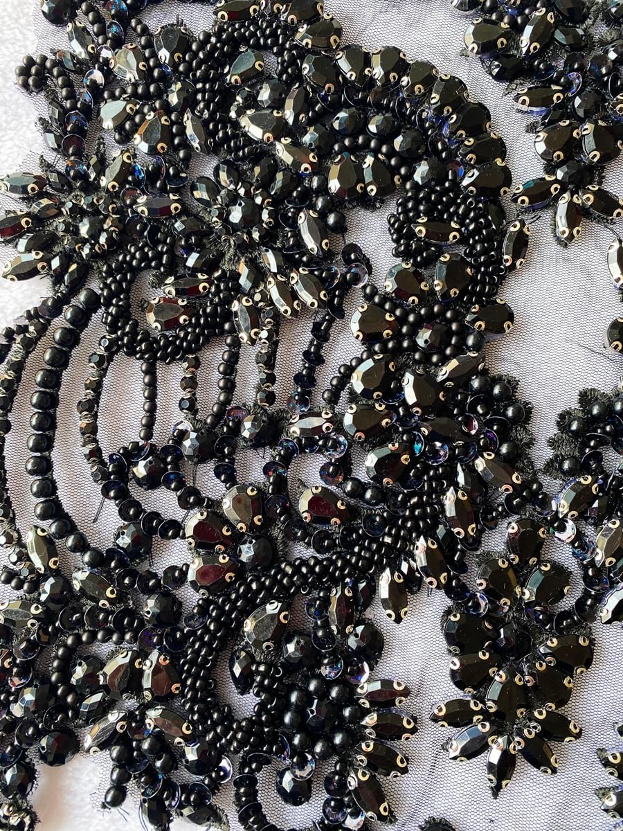 Handmade Beaded Appliques and Patches with Crystals Rhinestones Sew on Lace Sewing Accessories for Wedding Prom Crafts DIY Dresses Gowns Decoration (Black)