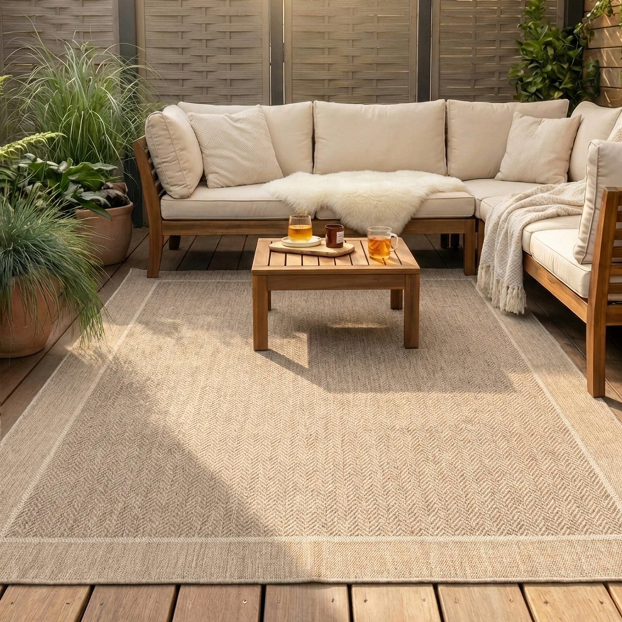 FRAAI | Home & Living Tapis d'extérieur en Jute - Fora Edge Naturel - 160x230 cm - Tapis Exterieur Resistant Pluie - Rectangulaire - Terrasse, Jardin, Balcon