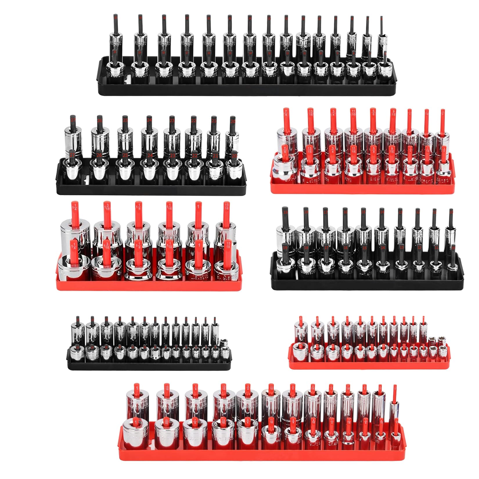 WETT Socket Organizer Tray Set, 8-Piece Socket Holder Set, 1/4", 3/8", 1/2" Drive Sockets Trays Organizers for Toolbox, Store 176pcs SAE & Metric, Standard Shallow and Deep Size Sockets, Black & Red