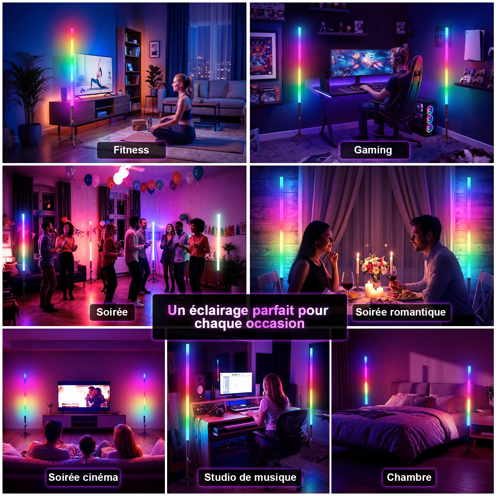Lot de 4 Tubes LED RGB 120 cm avec Trépied, Lumière Vidéo RGB Dimmable, Synchronisation Musicale, Batterie 5200 mAh, Contrôle App et Télécommande, pour Streaming, DJ, Studio Photo, Fête