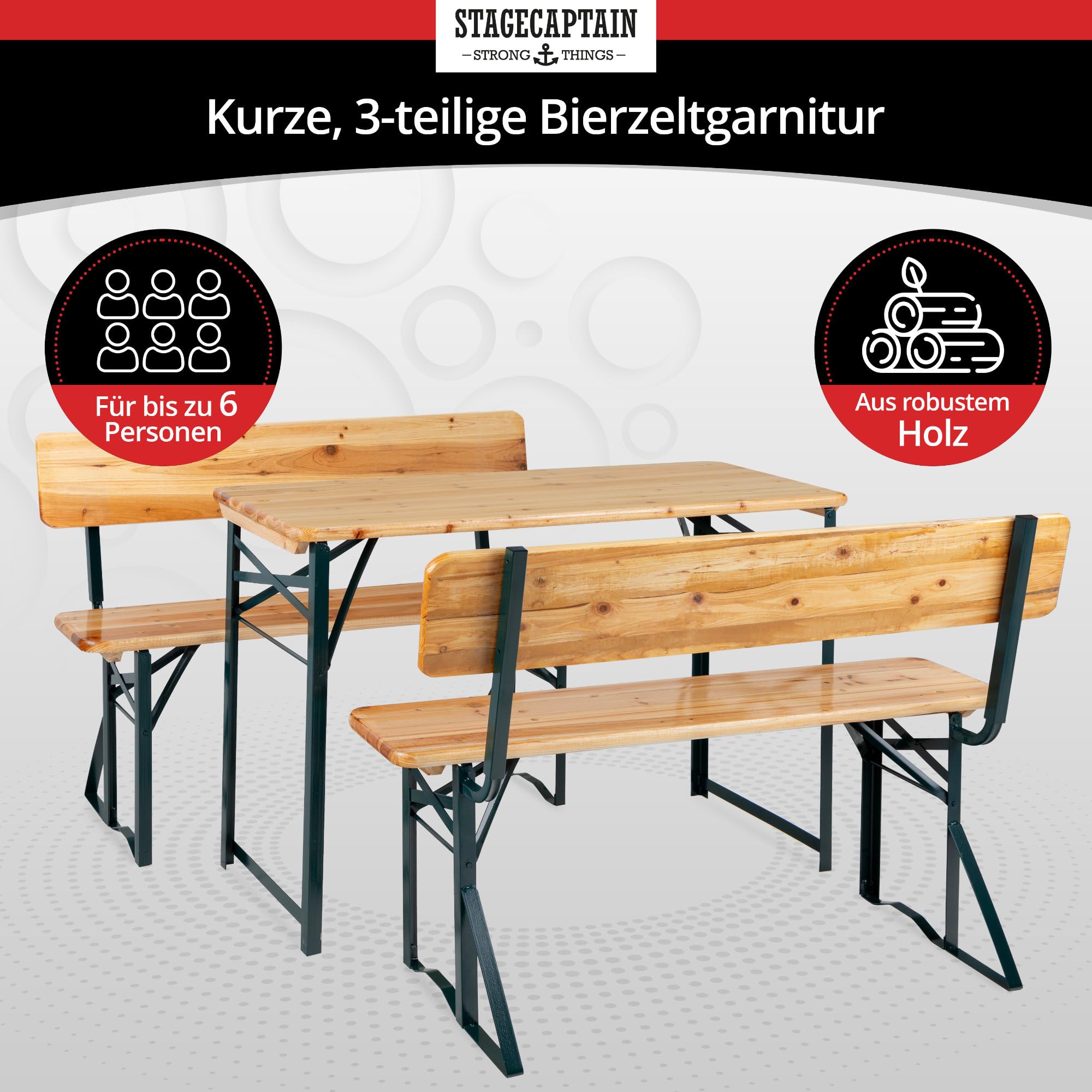 Stagecaptain BBDL-119 2X Set Hirschgarten Bierzeltgarnitur mit Lehne für Balkon - Version mit 119 cm Länge - Klappbare Festzeltgarnitur 2X Tisch, 4X Bank - Holz Sitzgarnitur - Innen & Außenbereich
