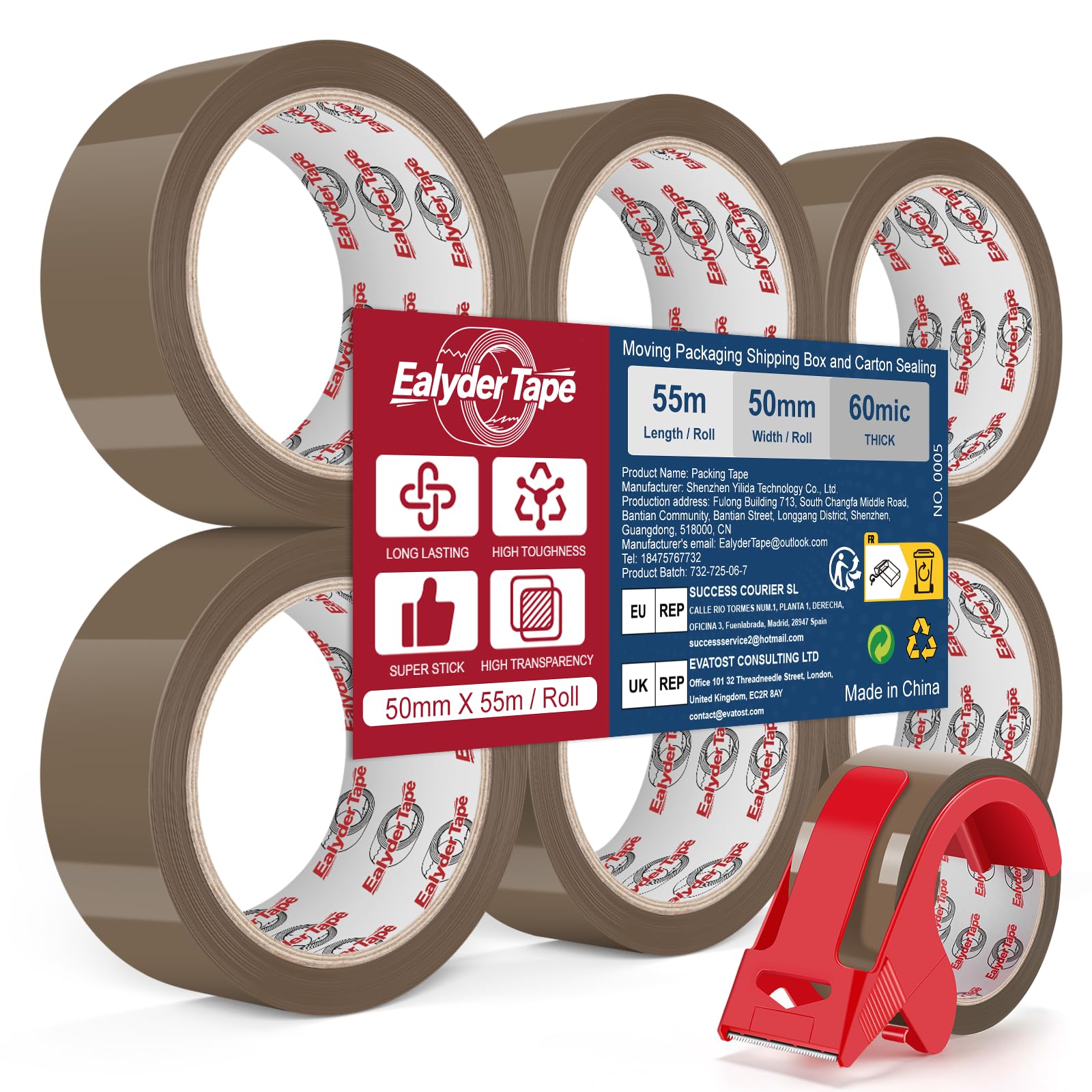 Ealyder Tape Brown Packing Tape 50mm x 55m x 48mic, 6 Rolls with Dispenser – Heavy Duty Parcel Sealing Tape for Shipping, Moving and Storage