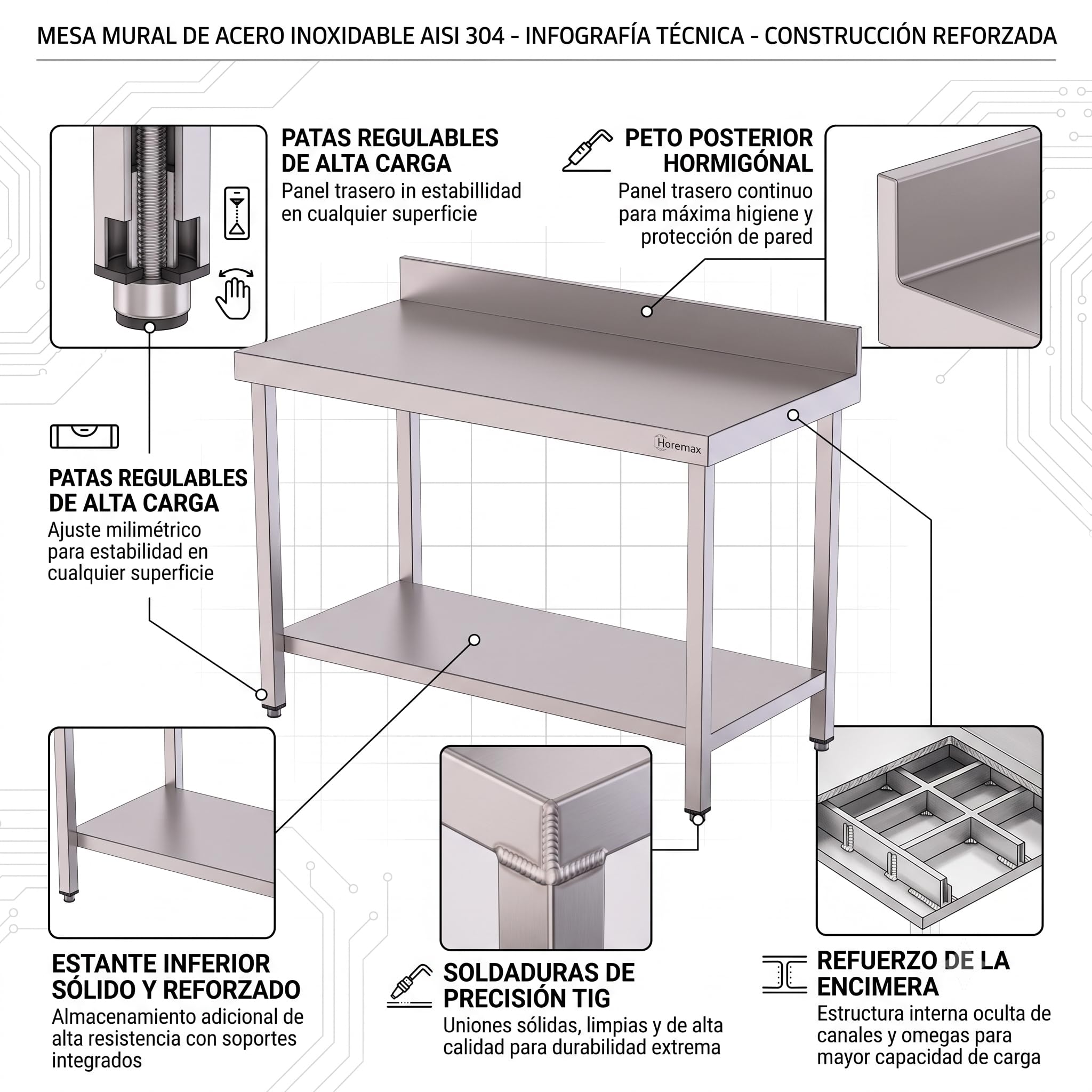 Mesa de Trabajo Mural en Acero Inoxidable AISI 304 para hostelería 100 x 70 x 85 cm, encimera Profesional con Peto Trasero de 10 cm, Estante Inferior Reforzado y Patas Regulables