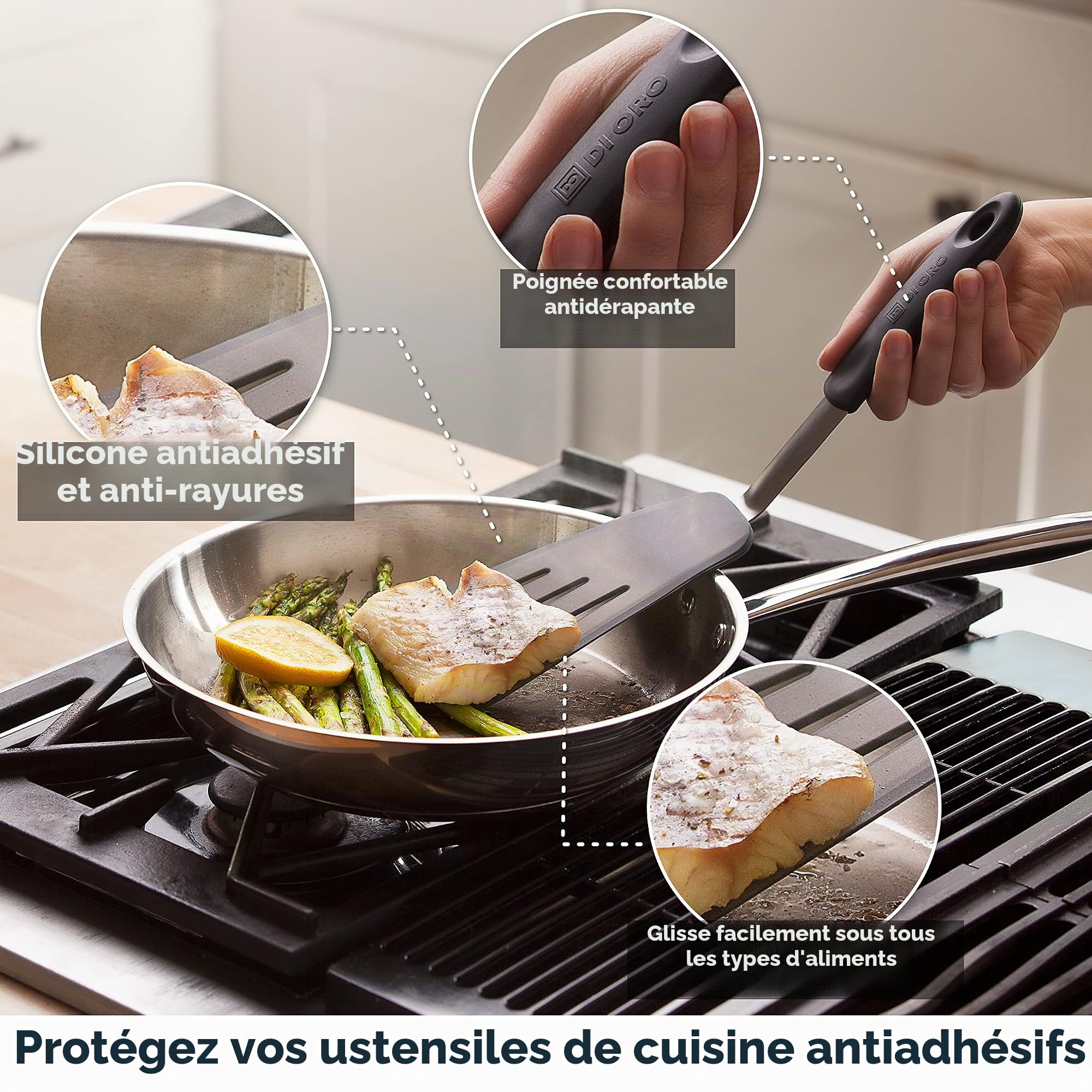 DI ORO® - Série Chef - Spatules de cuisine en silicone et acier inoxydable - Résistantes à la chaleur à 315 °C - Meilleures spatules ajourées - Parfaites pour des oeufs et des crêpes