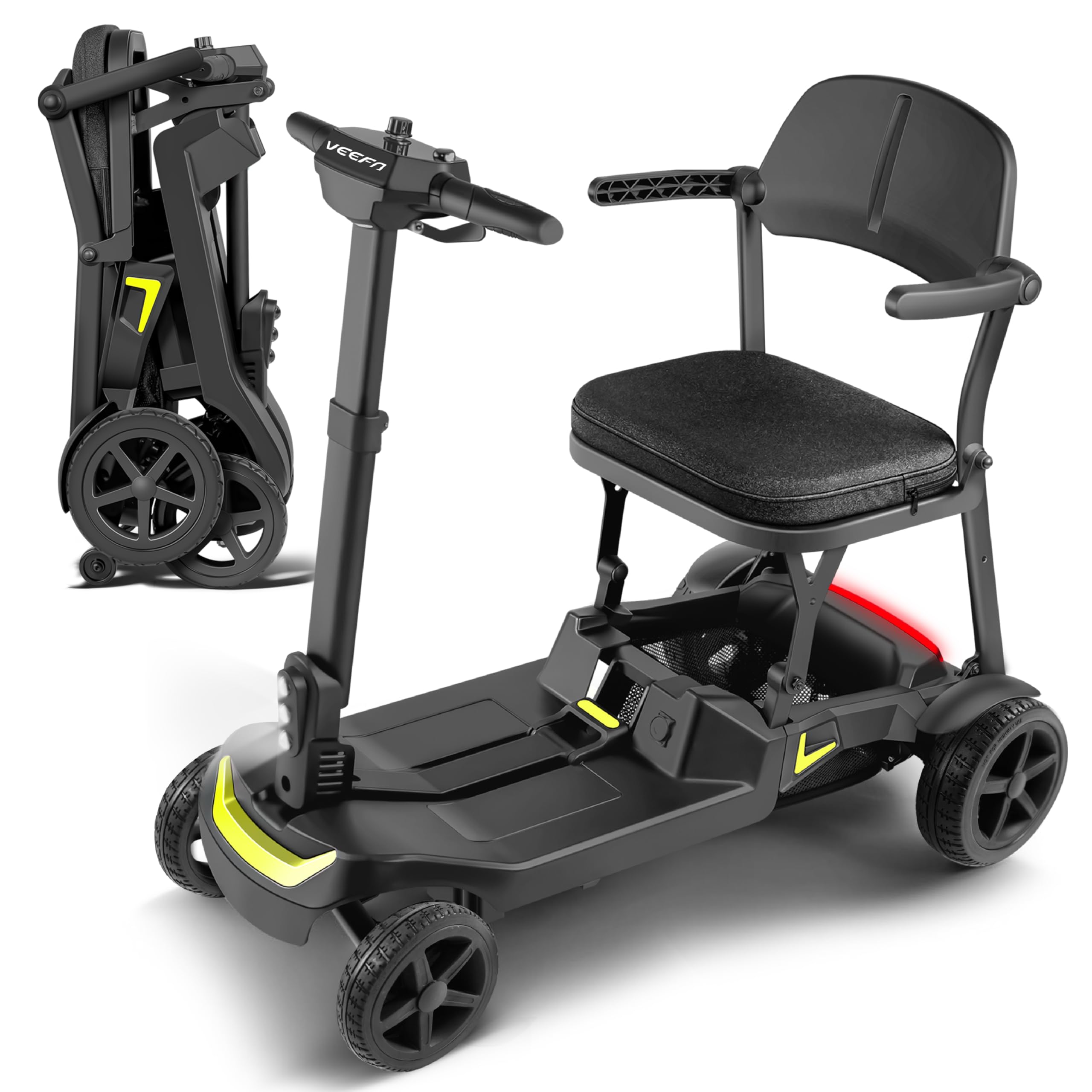 VEEFA Seniorenmobil 4 Rad, 17kg Leichtbau Doppelbatterie 36km Reichweite 8km/h, Elektromobil Aluminium für Auto/Flugzeug/Bahn, E Roller mit Sitz 122kg Tragkraft
