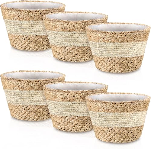 Miniatura 1 de Juego de 6 macetas grandes de hierba marina para interiores de 10.2 pulgadas, macetas tejidas de ratán con forro de plástico impermeable, cestas de