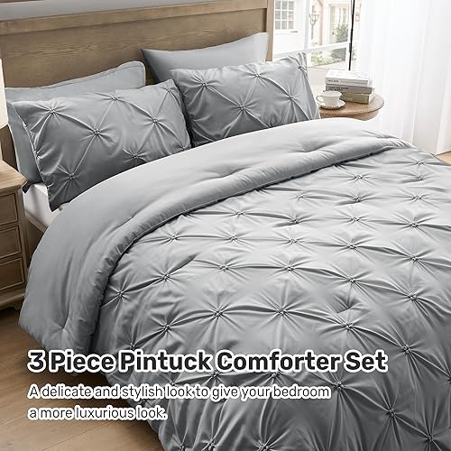 Miniatura 5 de UNIKOME Juego de edredón tamaño King, color gris, juego de edredón de 3 piezas suave y esponjoso de lujo para todas las estaciones, juego de cama