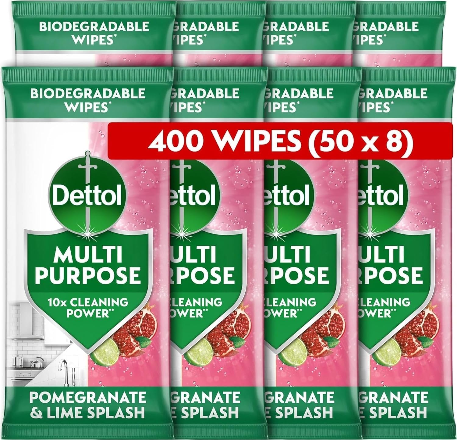 Dettol Antibacterial Multipurpose Cleaning Biodegradable Wipes, Pomegranate and Lime, 400 (50 x 8pck) Disinfectant, Home Hygiene, Kills 99.9 Percent of Germs