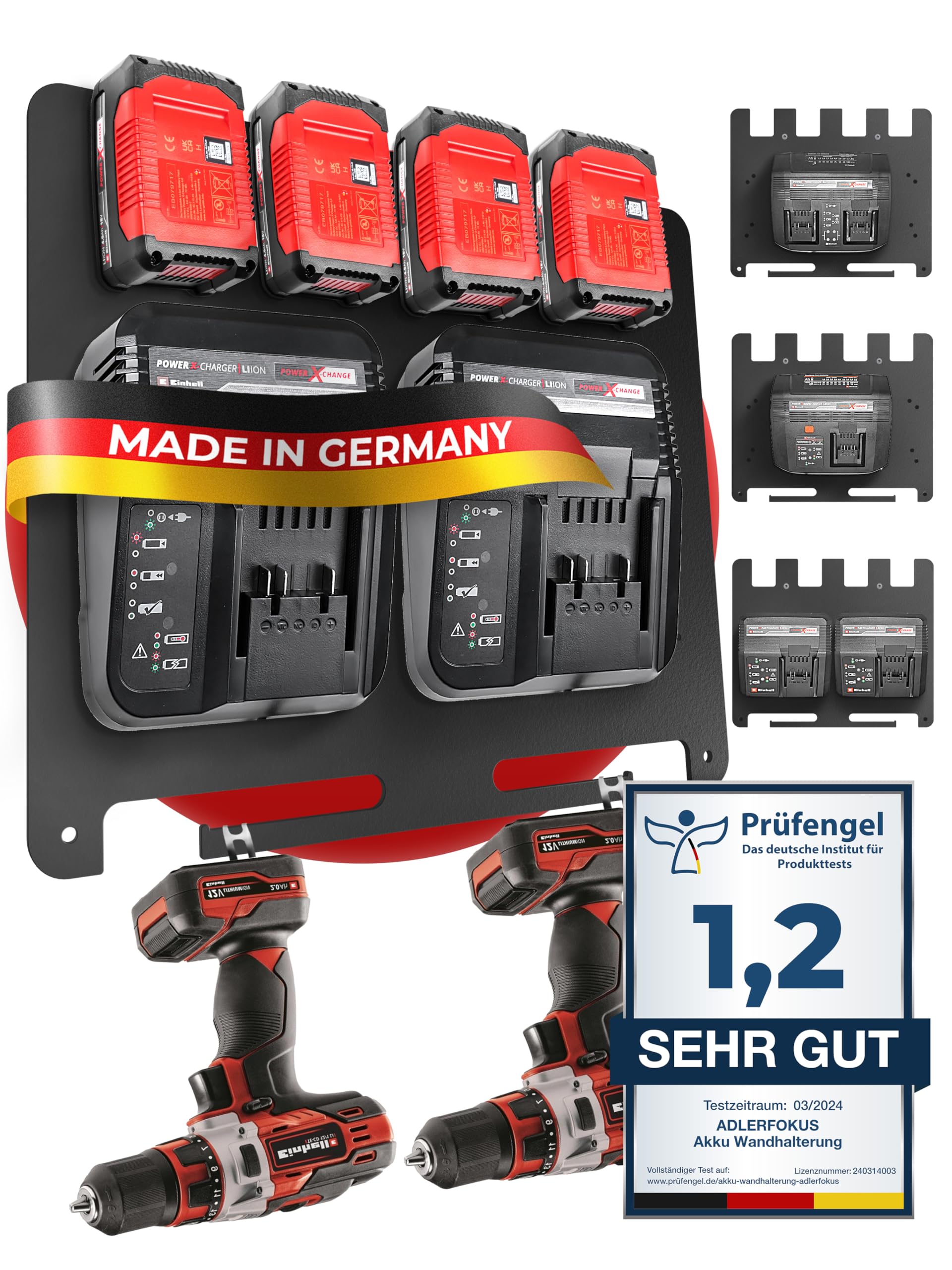 Adlerfokus Wandhalterung für Einhell Akkus & Ladegeräte [Made in Germany] Akkuhalter mit Premium Montagematerial - Akku Wandhalterung 18V - Einhell Akku Halterung Wand