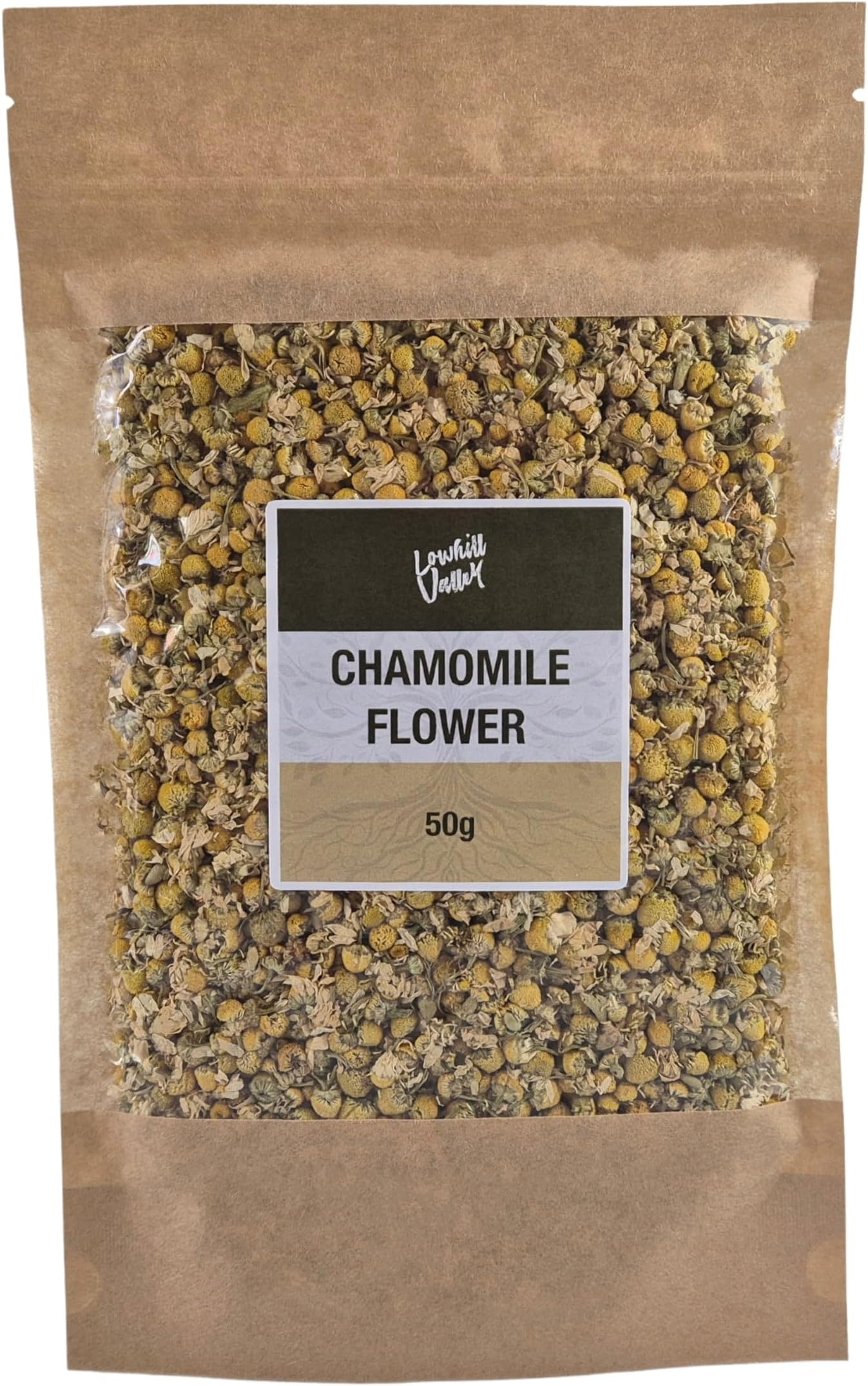 Lowhill Valley Chamomile Flower herbal tea - Matricaria chamomilla Whole Dried Flowers โ Handpicked And Responsibly Sourced โ No Additives or Preservatives 50g