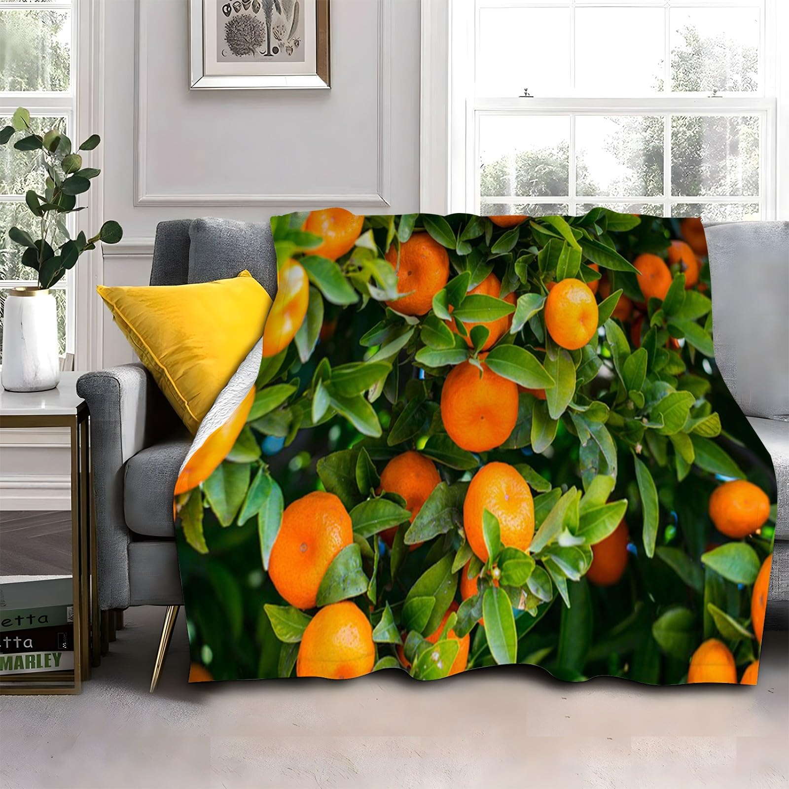 LLSZAHD Orange Blanket Baby Size Plants Ultra-soft Warm Puffy Flannel Throws Blankets, Versatile Throw Blanket 30"x40" for Bedroom Couch Bed Sofa Bedding (76x101cm)