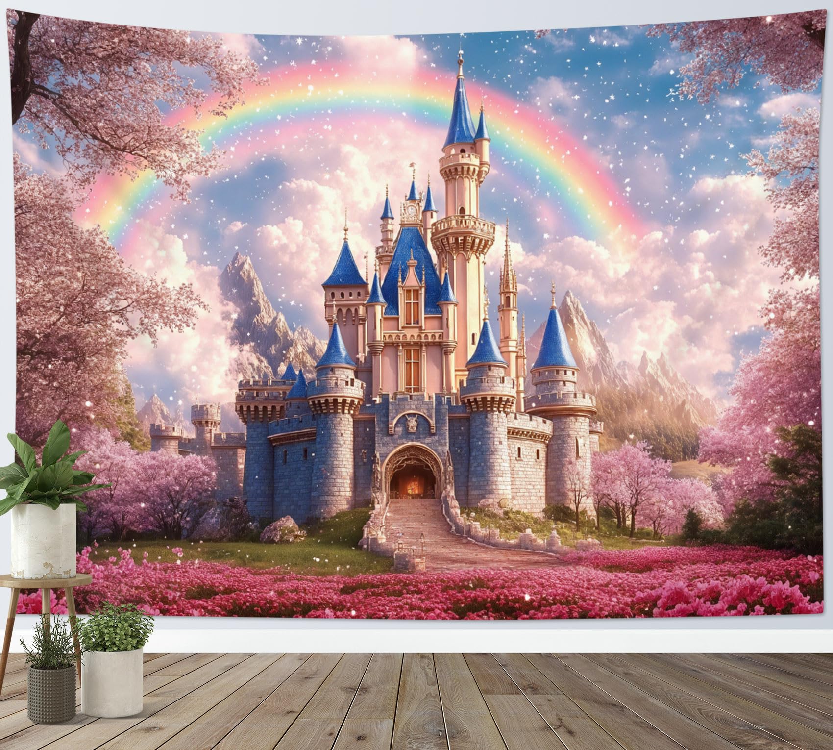 LB Fairy Tale Blue Castle Tapestry for Kids Pink Flower Tree Rainbow Tapestry Wall Hanging Cartoon Nature Sky Tapestries for Living Room Bedroom Dorm Wall Decor,59x39 inch โ image 1