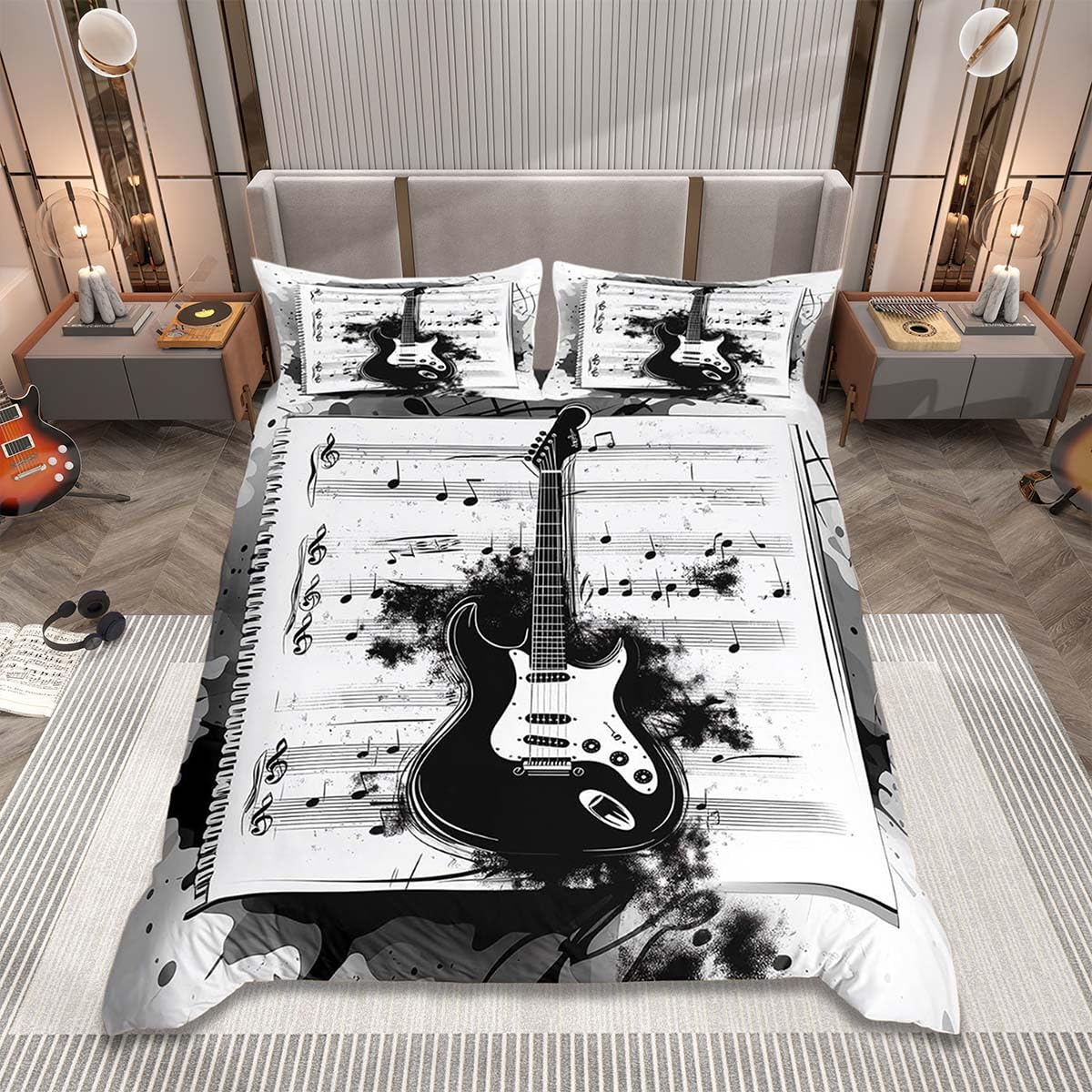 Homemissing Music Bedding Duvet Cover Set Double Size Rock Music Guitar Bedding Set for Kids Boys Girls Guitar Instruments Duvet Cover with 2 Pillowcases โ image 1