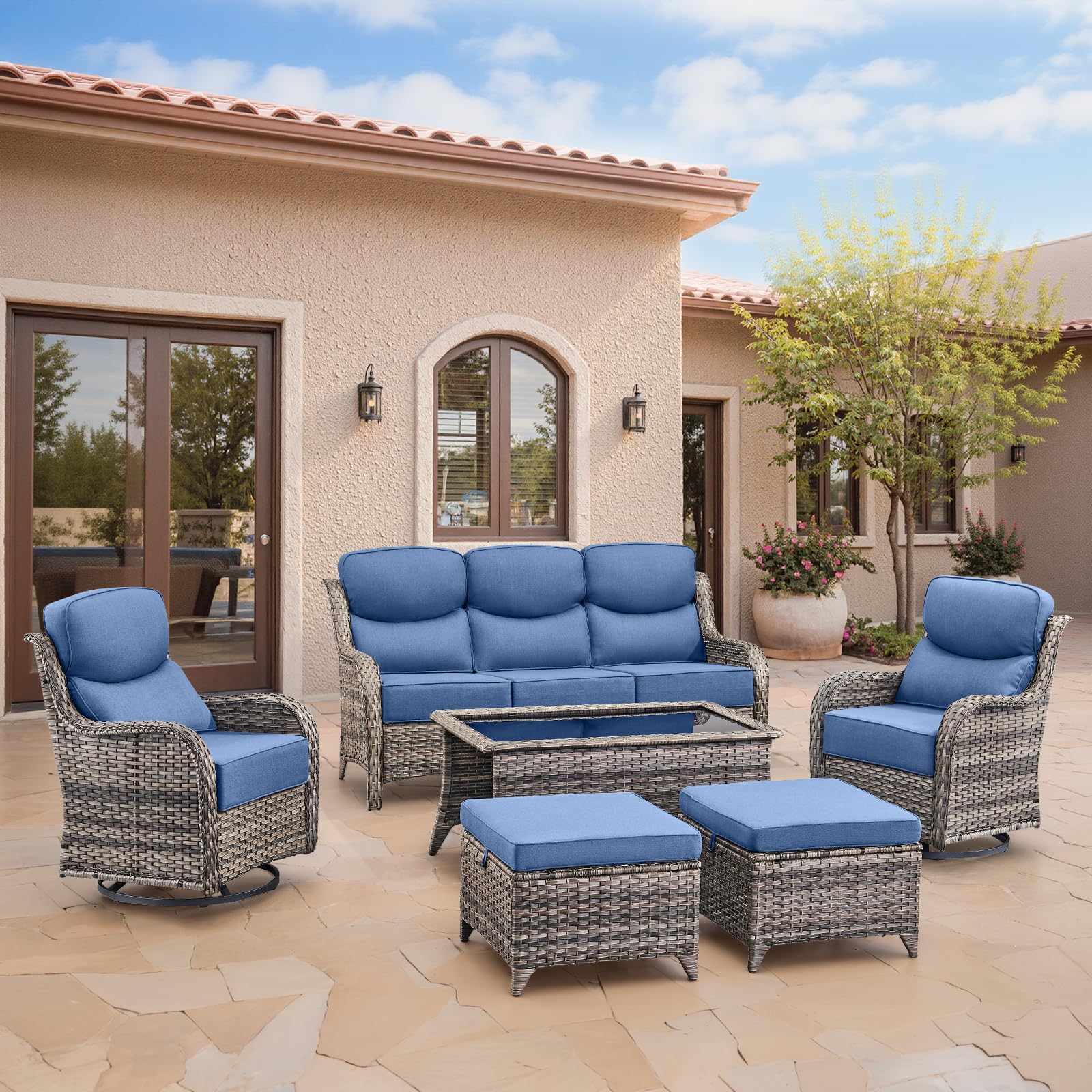 Swivel Patio Chairs sofa Set of 6 with 6" Thick Cushion - Wicker Outdoor Swivel Rocker Patio Chair ,Sofa/Glass coffee table, High Back Comfortable