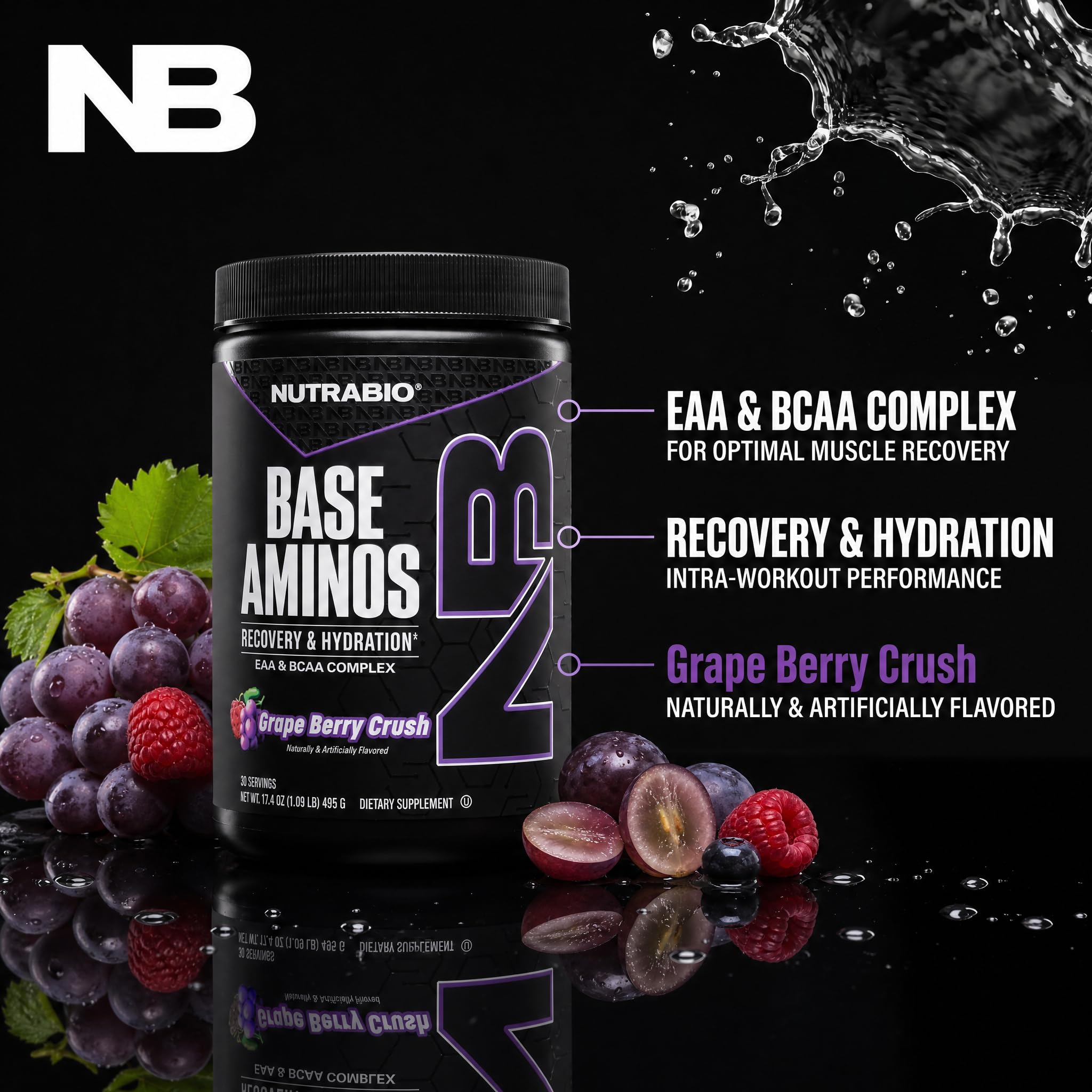 NutraBio Base Aminos EAA + BCAA Powder –10g Essential Amino Acids Supplement, 6g 2:1:1 BCAAs, 2.8g Hydration Matrix with Electrolytes & Absorption Enhancer AstraGin® – Grape Berry Crush — Amazon image 5