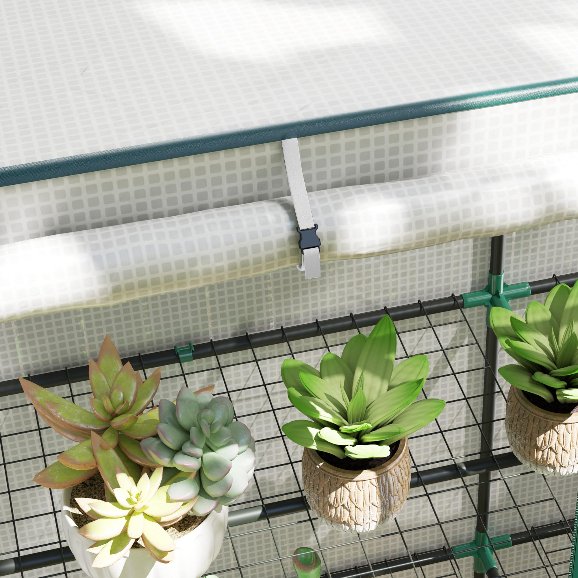 Outsunny Serra da Giardino con 2 Porte Avvolgibili, Scaffale a 3 Ripiani e Tasche Laterali, Struttura in Acciaio e Copertura in PE, Serra per Orto per Piante e Fiori, Protezione Anti UV, Bianco Verde