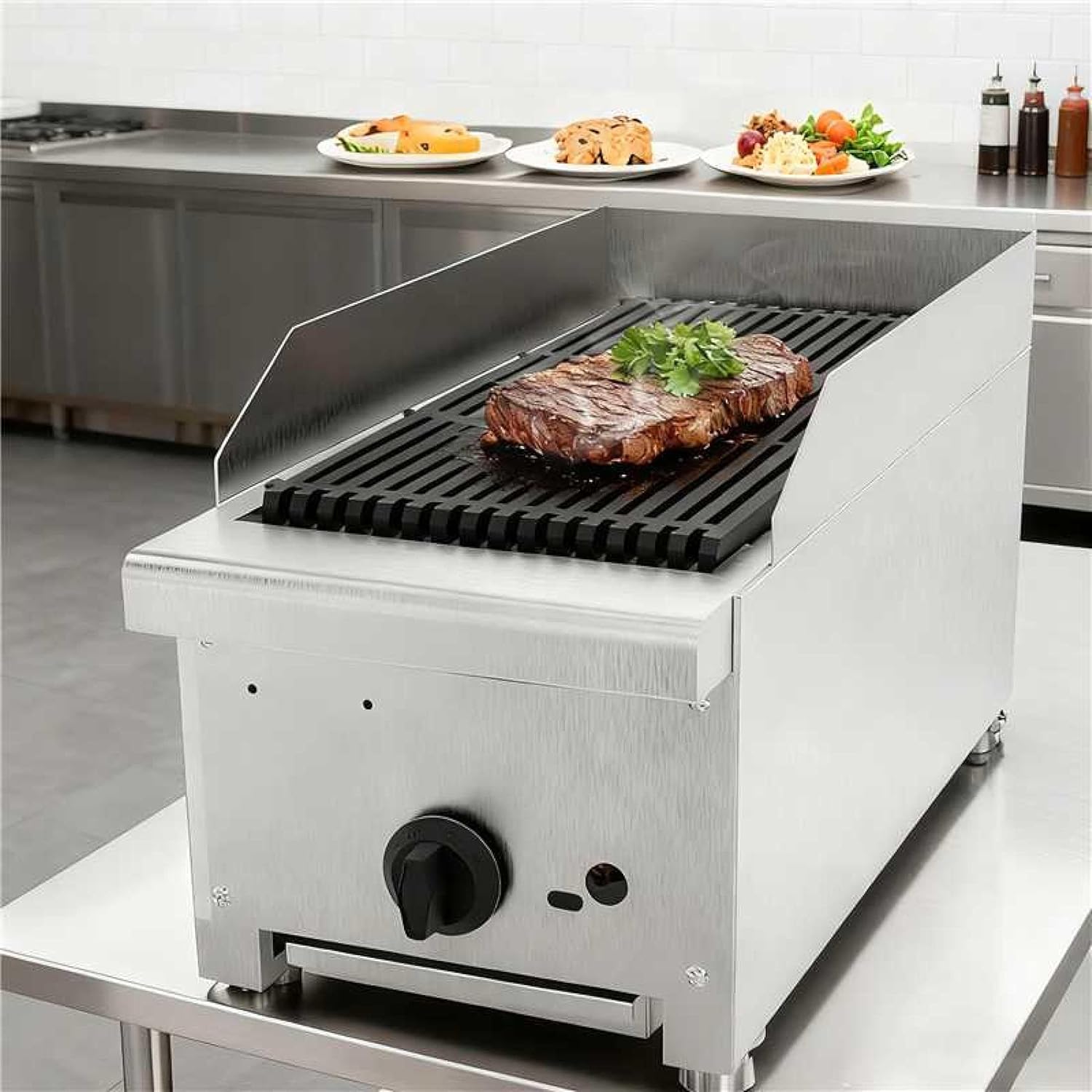 Commercial Lava Rock Charbroiler Countertop Stainless Steel Grill Broiler Single Burner 28000 BTU Convertible NG LP Cast Iron Grates Restaurant BBQ Cooker for Meat Seafood Vegetable Steak Kitchen