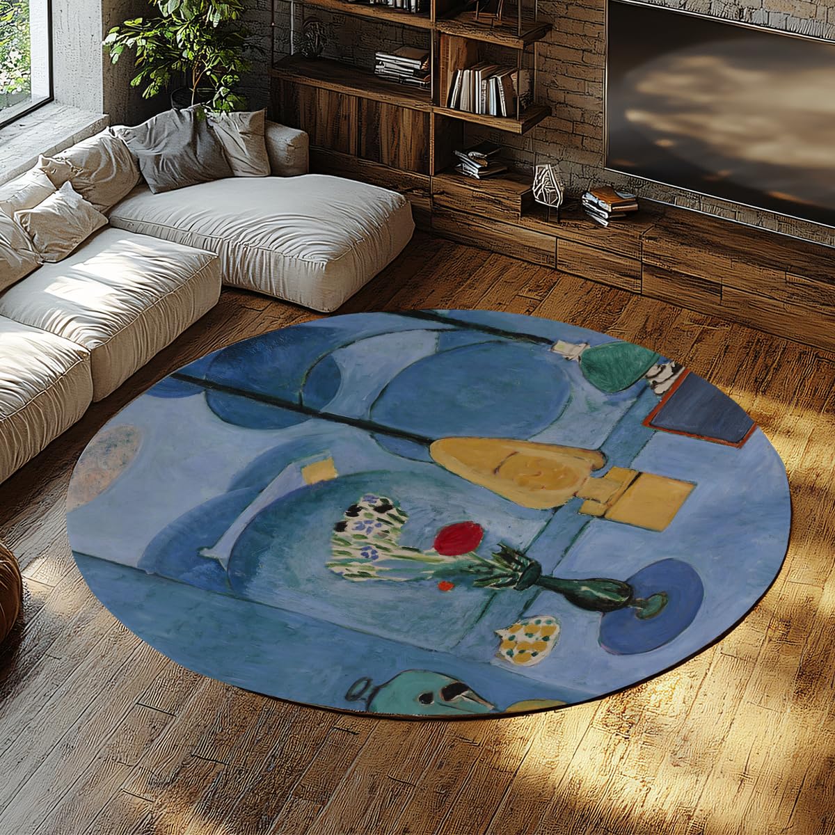 Tapis Rond 90cm Bleu Anti-Poussière Tapis de Chevet à Poils Courts pour Petits Espaces