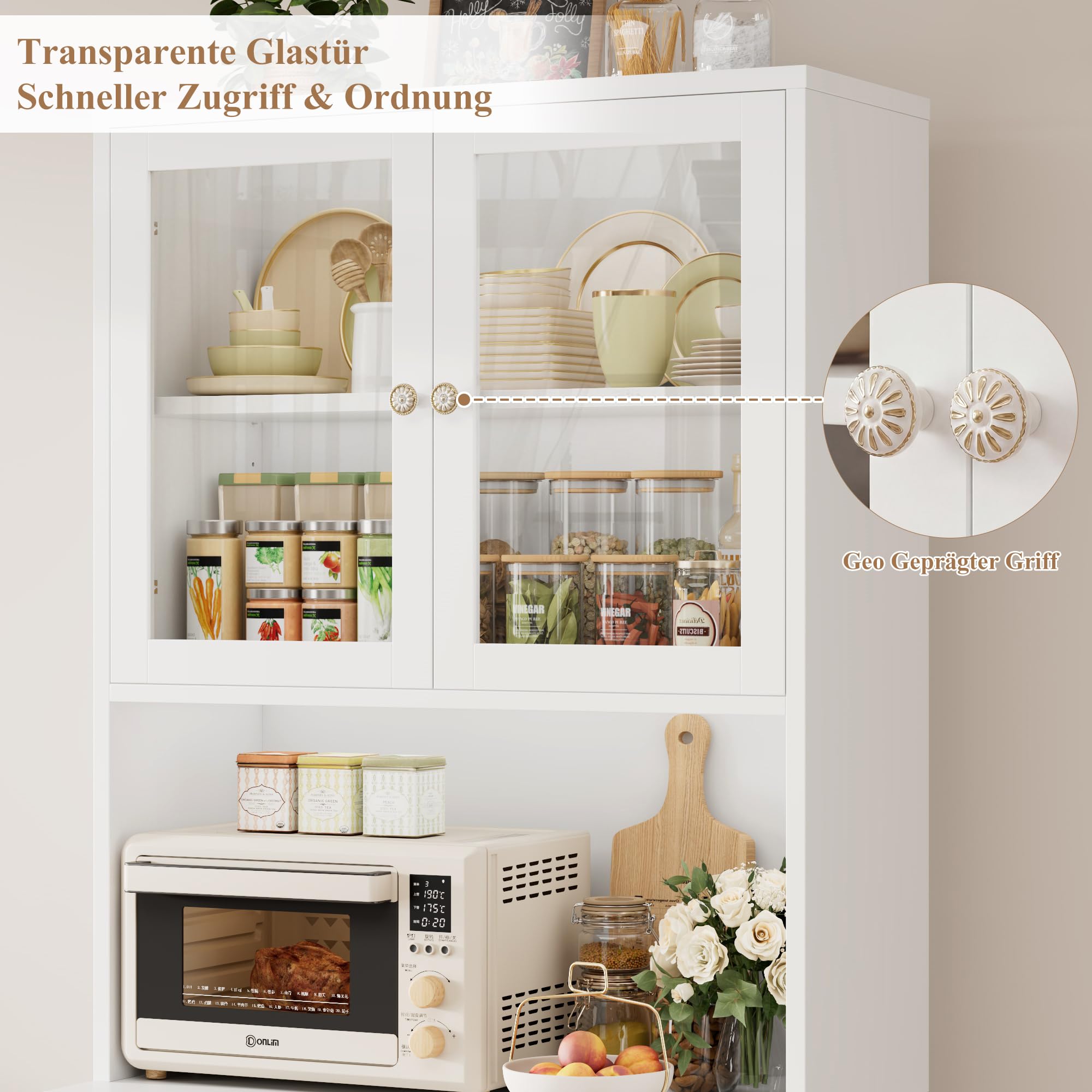 HOCSOK Küchenschrank, Buffetschrank, Sideboard mit Arbeitsplatte Verstellbaren Einlegeböden, 2 Glastüren und Schubladen,Küchenbuffet für Küche, Wohnzimmer, Esszimmer, 180 x 40 x 80 cm