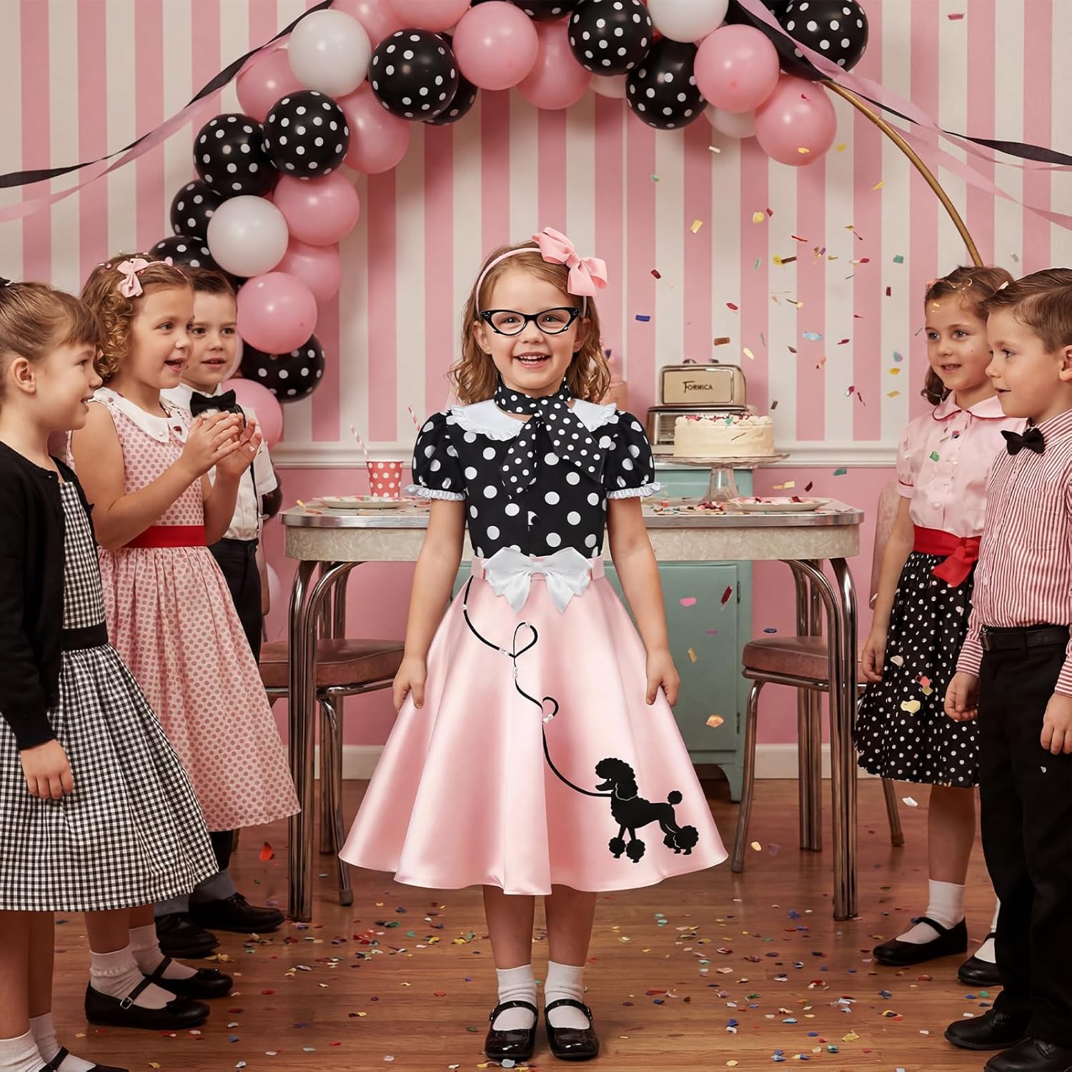 Latocos 50s Outfit Costume for Girls Kids 50s Poodle Skirt with Bag Shirt Glasses Scarf Headband Halloween Dress Up Party
