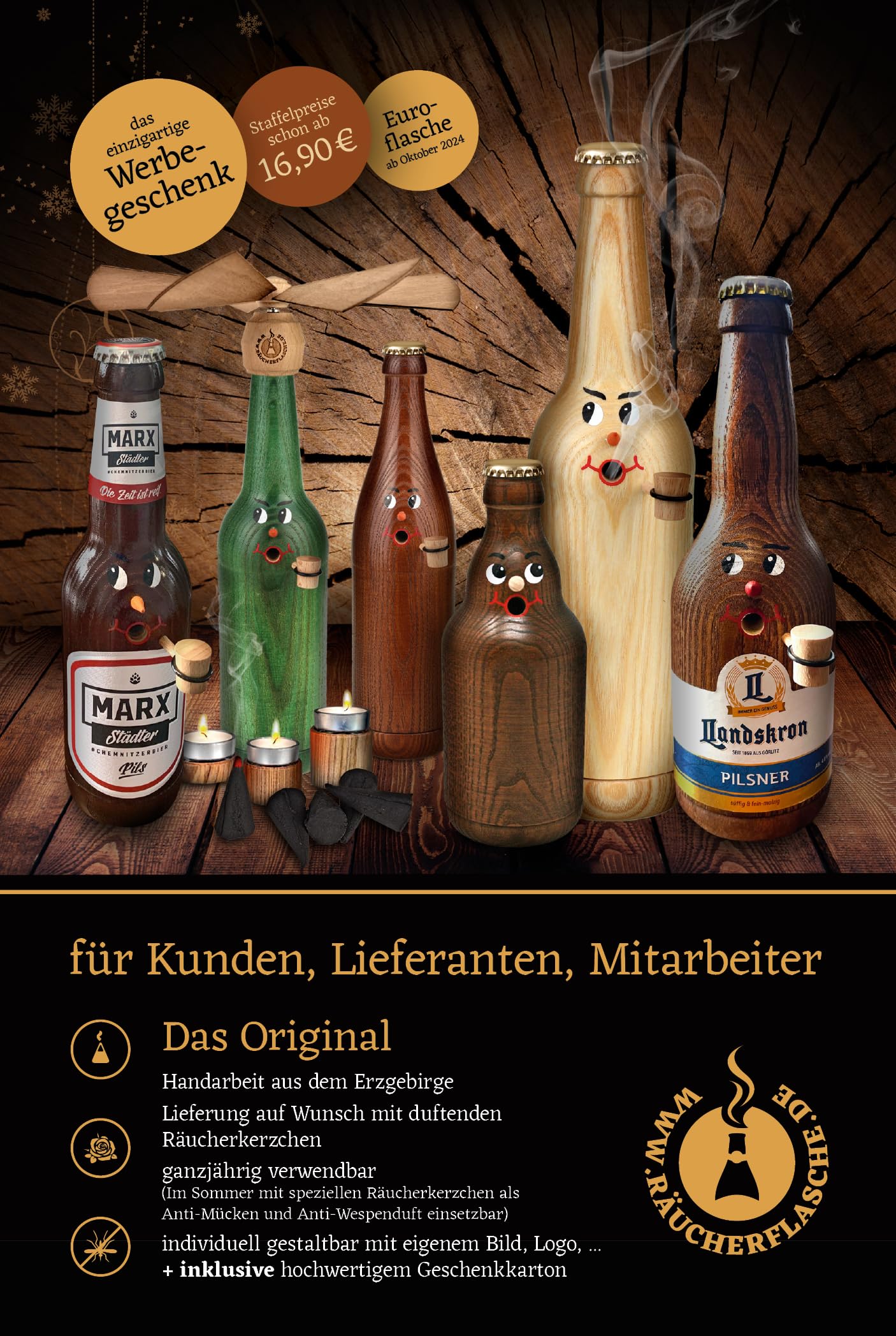 Statuetta di incenso con motivo urbano (Longneck 0,5 l naturale, resina municipio Wernigerode)