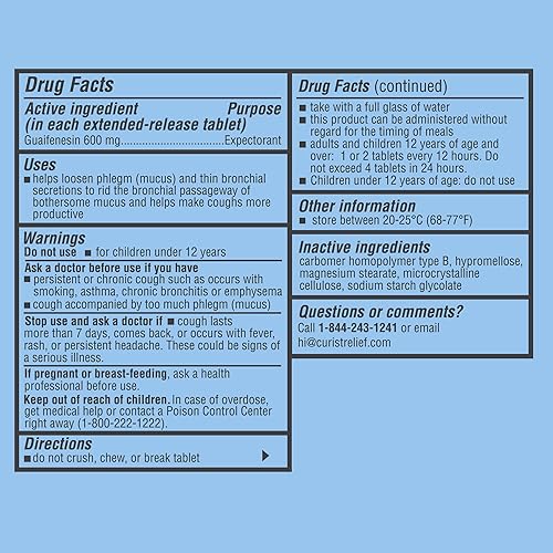 Miniatura 7 de Curist Guaifenesina 600 mg comprimidos de liberación prolongada (200 tabletas sin colorantes) - Alivio de moco expectorante, guaifenesina genérica