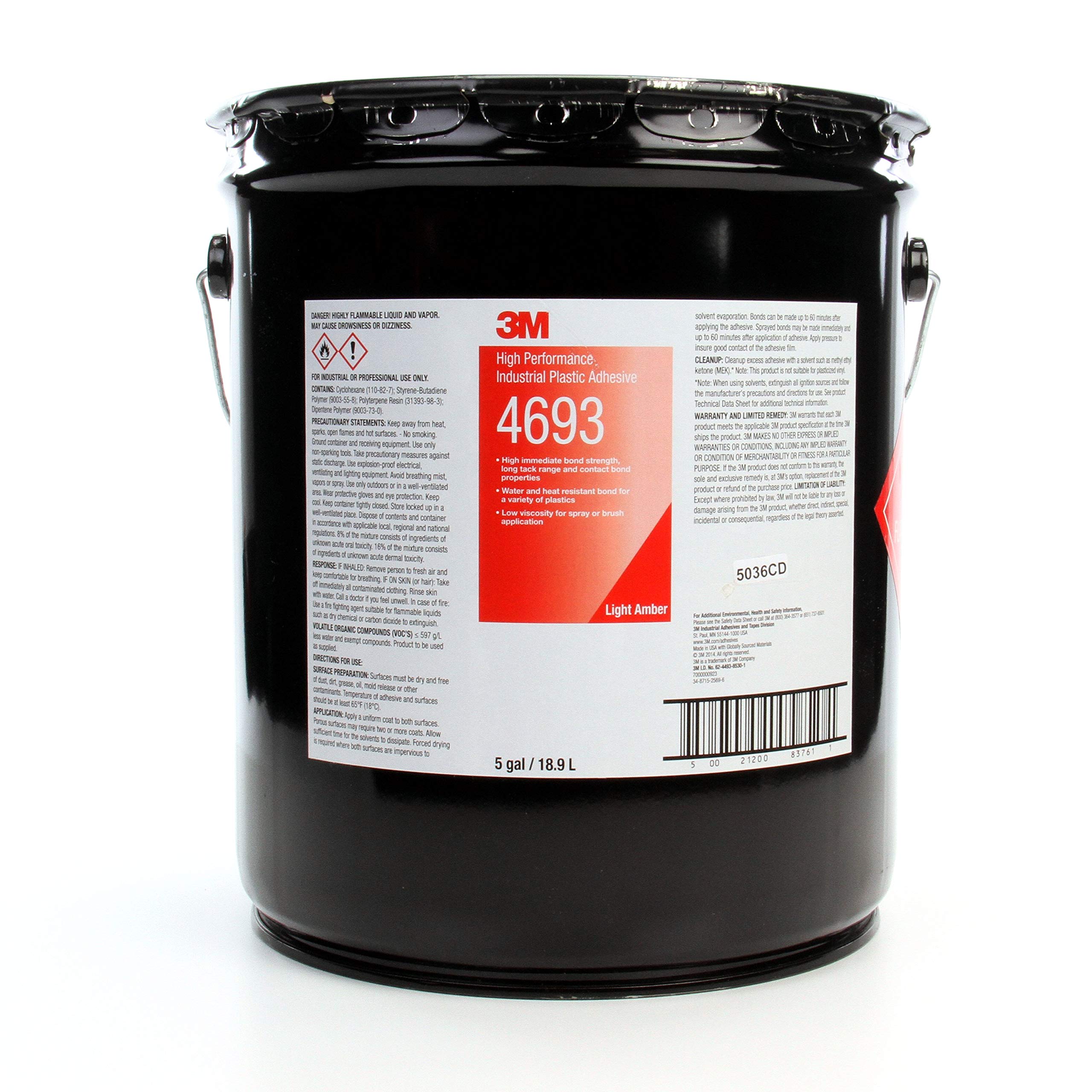 3M High Performance Industrial Plastic Adhesive 4693, Light Amber, 5 Gallon Drum (Pail)