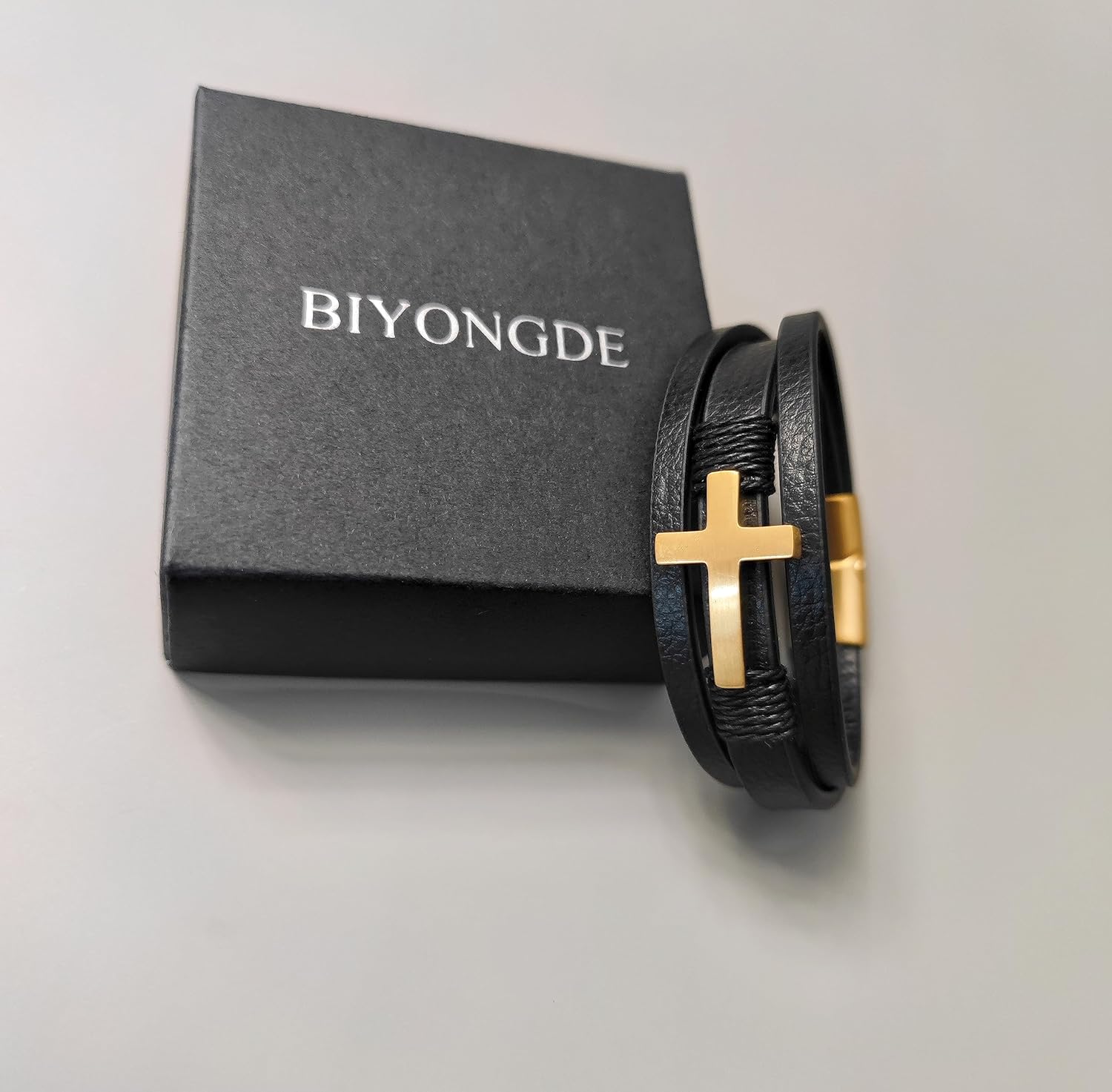 Mens Cross Bracelet, Black Leather Braided Multi-Strand Bangle with Stainless Steel Gold Color Cross, Classic Christian Bracelet for Men - Image 3