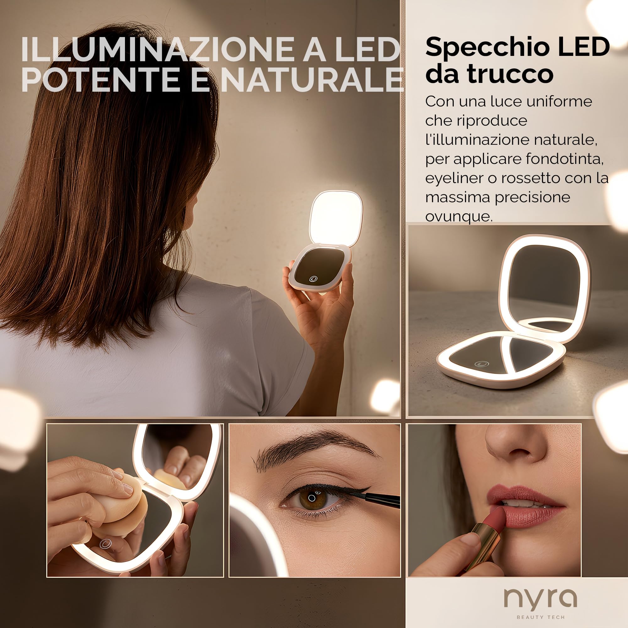 Nyra - Specchio da viaggio a LED ricaricabile, 3 modalità di luce e luminosità regolabile, ingrandimento x1 e x3, batteria 400 mAh, ricarica tipo C, compatto e portatile per il trucco