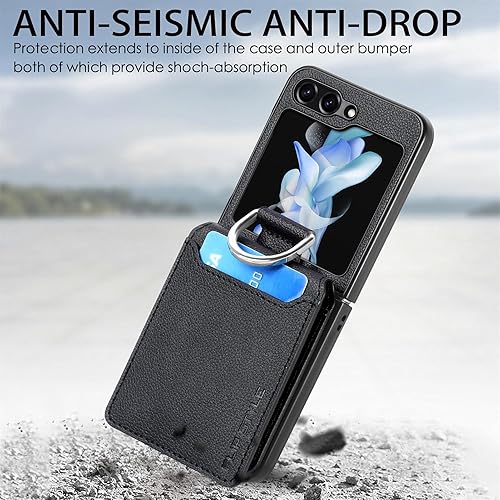 Miniatura 8 de Asuwish Funda de teléfono para Samsung Galaxy Z Flip 5 5G 2023 con ranura para tarjetas, funda tipo cartera y soporte de anillo, accesorios móviles