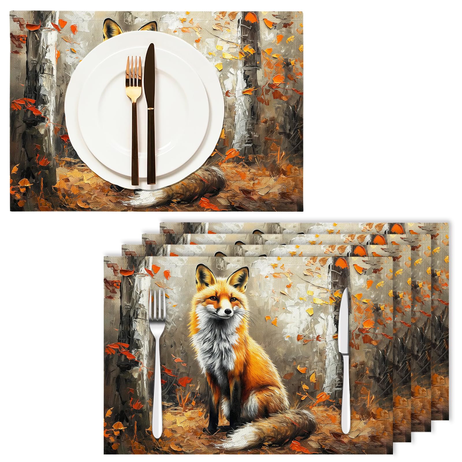 Set di 8 Tovagliette Americane Lavabili Cotone Lino Fumetto - Tovaglietta Americana Stoffa Resistenti al Calore Durevole Volpe della foresta- per Colazione Pranzo