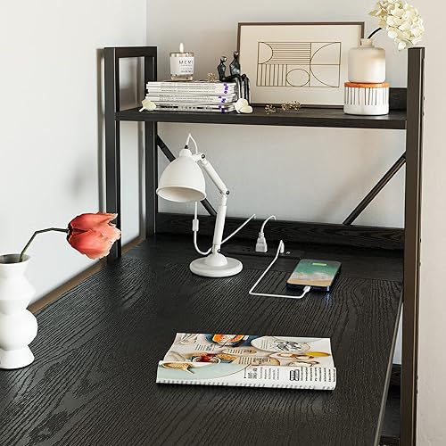 Miniatura 8 de IRONCK Escritorio para computadora de 55 pulgadas con toma de corriente y estantes de almacenamiento, mesa de escritura de estudio con puertos USB,