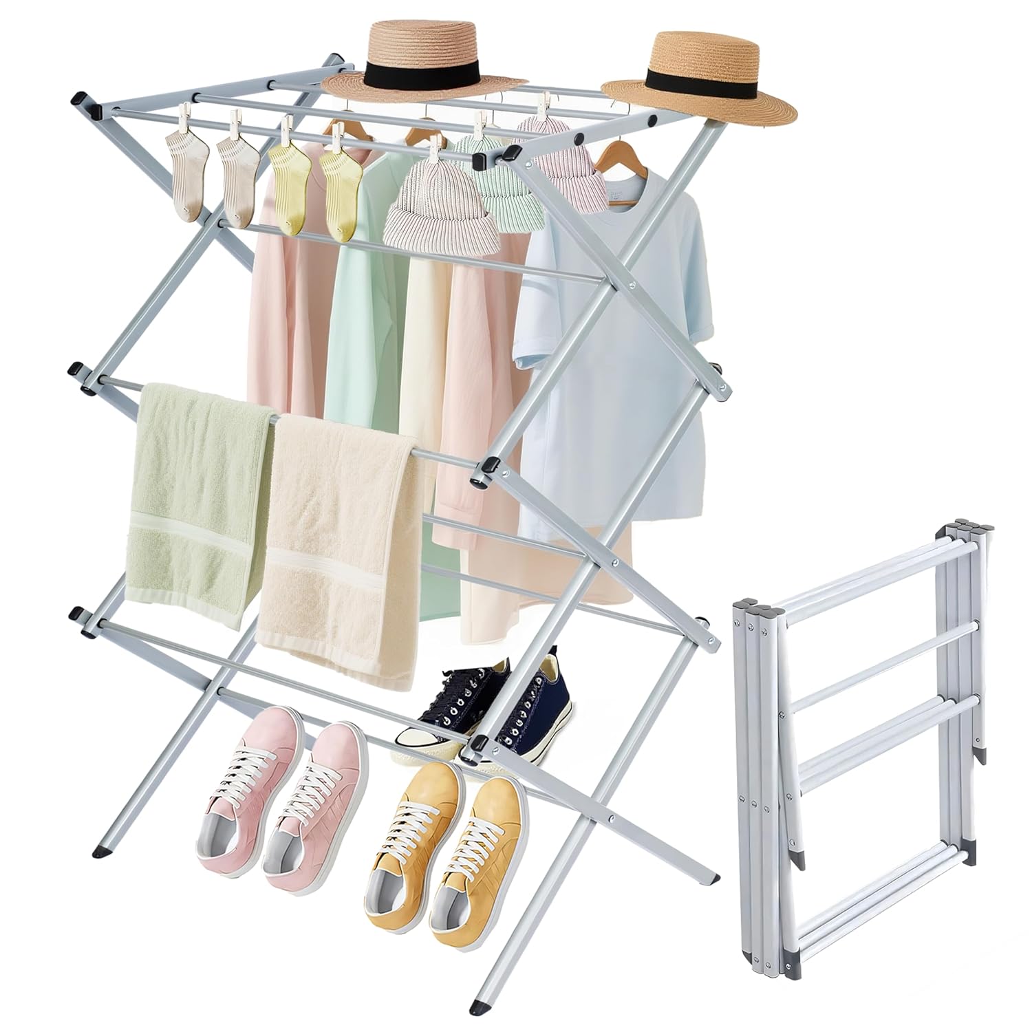Whitmor Foldable Clothes Drying Rack: 3 Tier Laundry Drying Rack, Collapsible Drying Rack Clothing, Portable Space Saving Clothing Rack for Indoor Outdoor, 22.6" L × 14.6" W × 41.3" H, Gray 22.6"l × 14.6"w × 41.3" H, Gray
