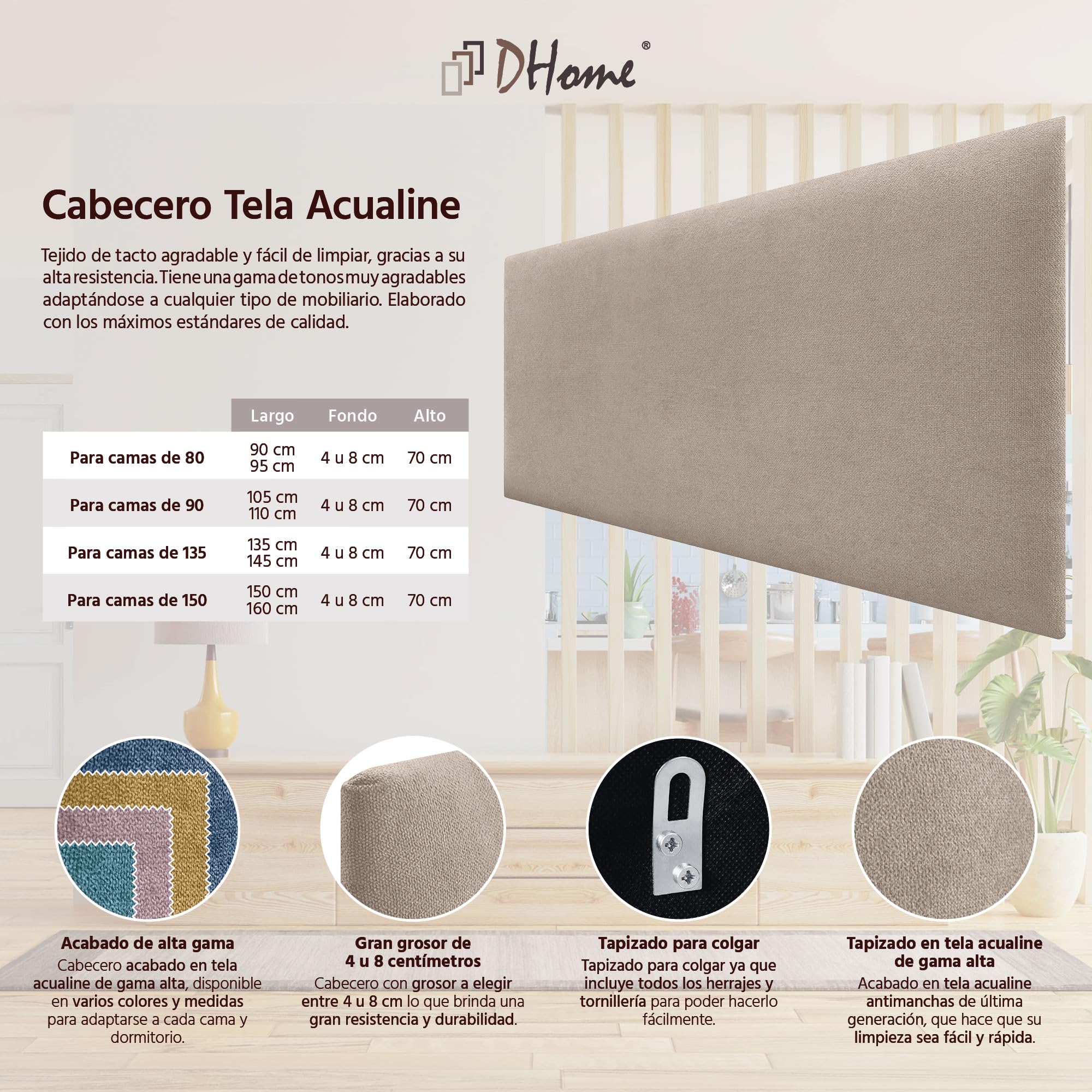 DHOME Cabecero Tapizado Liso de Tela Aqualine Altura 70CM Grosor 4cm y 8cm para Pared Acústicos Cabeceros Cabezal Absorbentes Cama Dormitorio (Tela Beige, 150cm, Grosor 4cm)