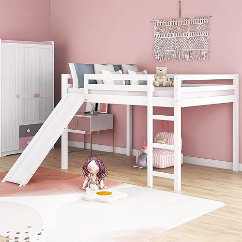 ODC Cama alta matrimonial con tobogán y escalera marco de cama baja de madera maciza para niños cama alta de tamaño matrimonial para niños disponible en Yaxa Guatemala