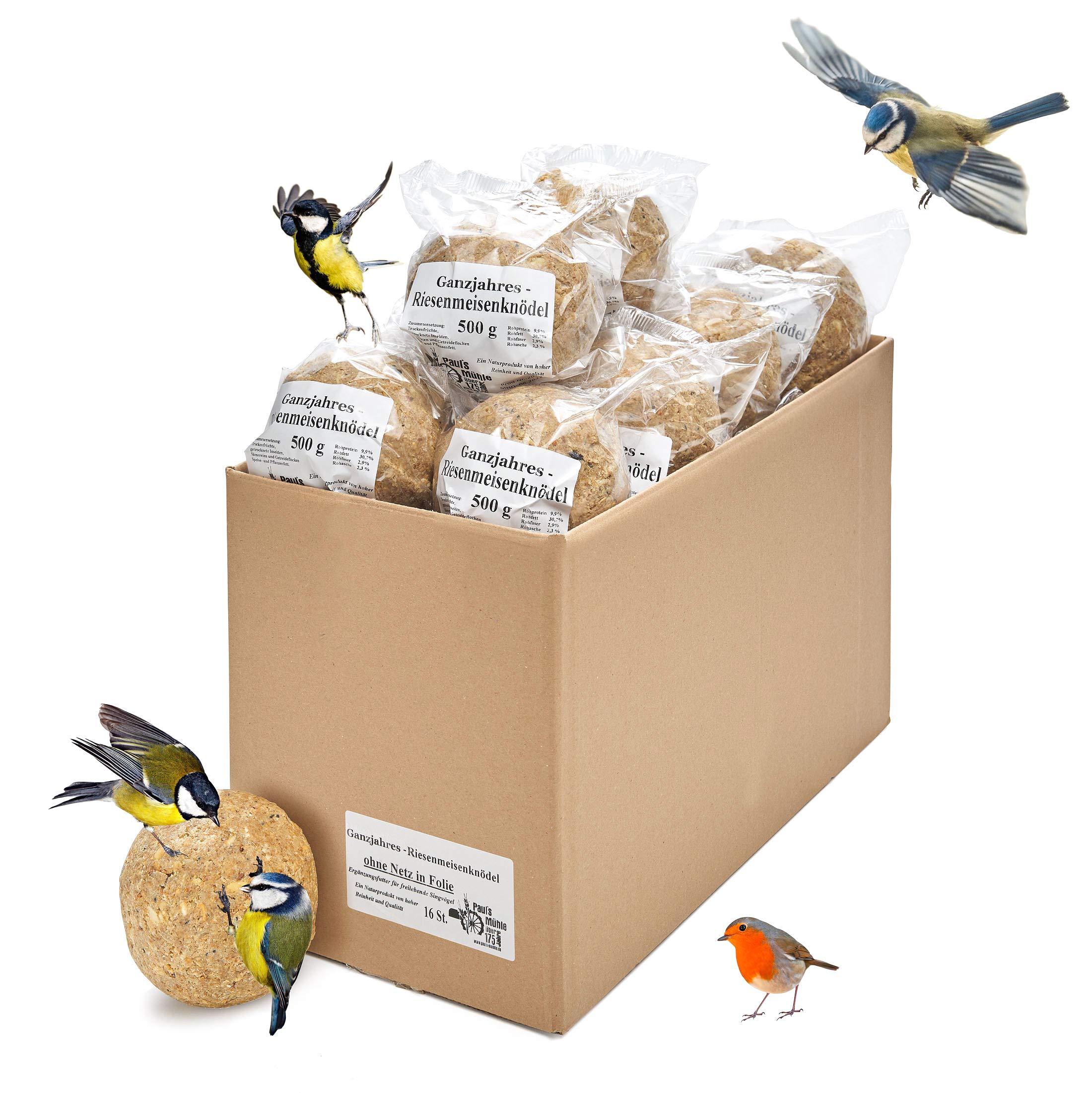 Paul´s Mühle Ganzjahres Riesen-Meisenknödel, Ganzjahresfutter für Wildvögel, reduzierter Schalen- und Nussanteil, ohne Netz, 16 Stück (16 x 500 g)