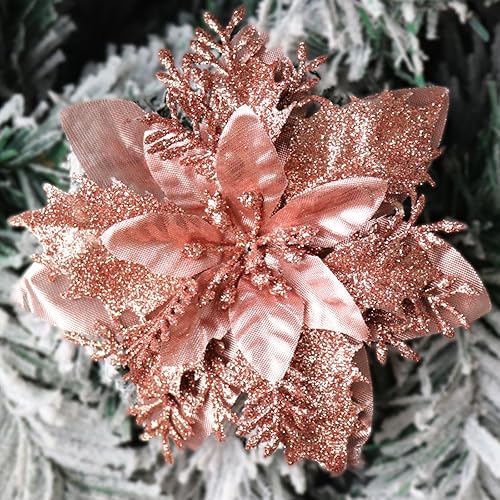16 piezas de flores de Pascua artificiales de Navidad con clips y tallos, decoraciones de Pascua de Navidad con purpurina para adornos de árbol de