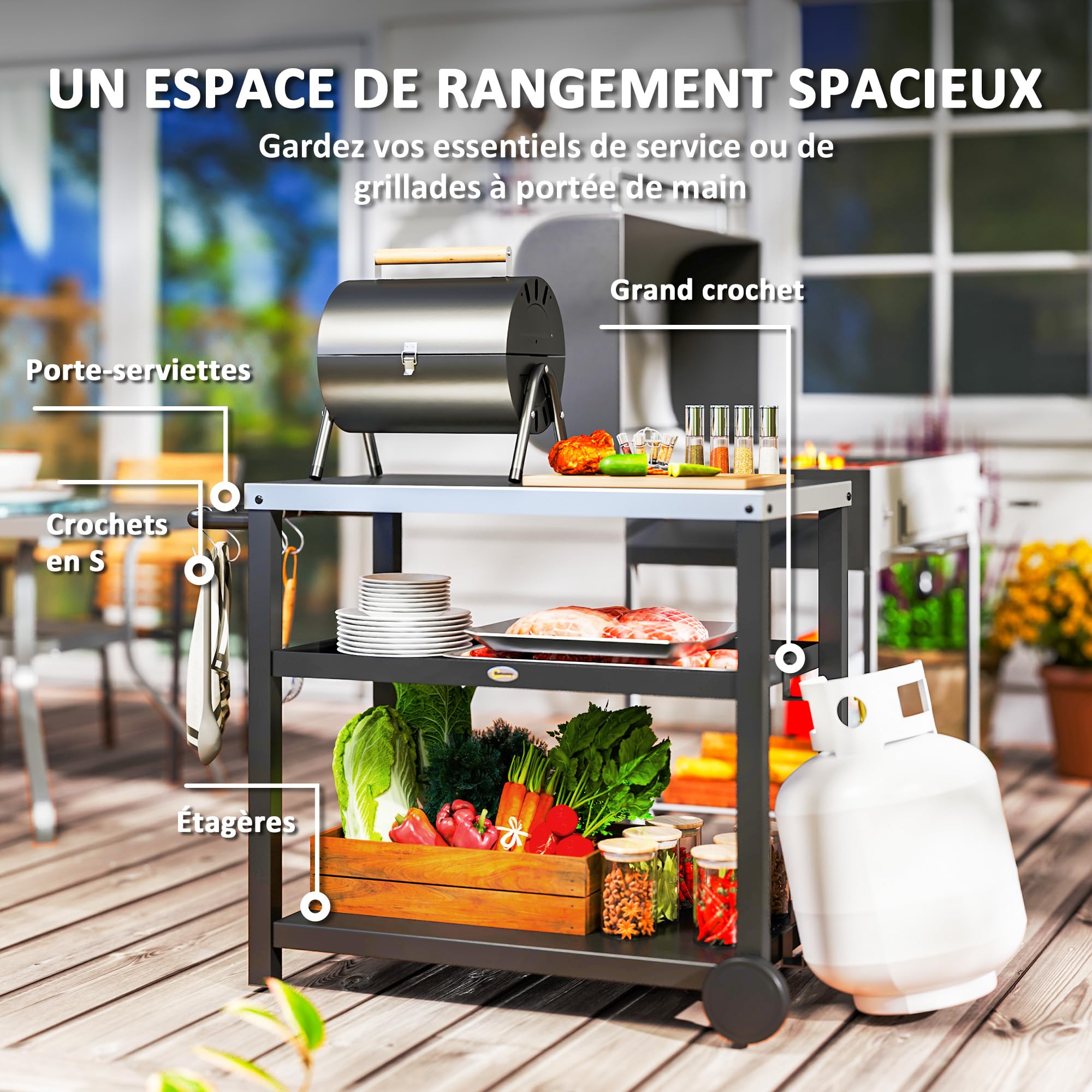 Outsunny Desserte plancha extérieure avec plan de travail en acier inoxydable, chariot de barbecue avec étagères, desserte de jardin avec crochets, porte-serviettes, 2 roues, 102x50x81cm, gris charbon