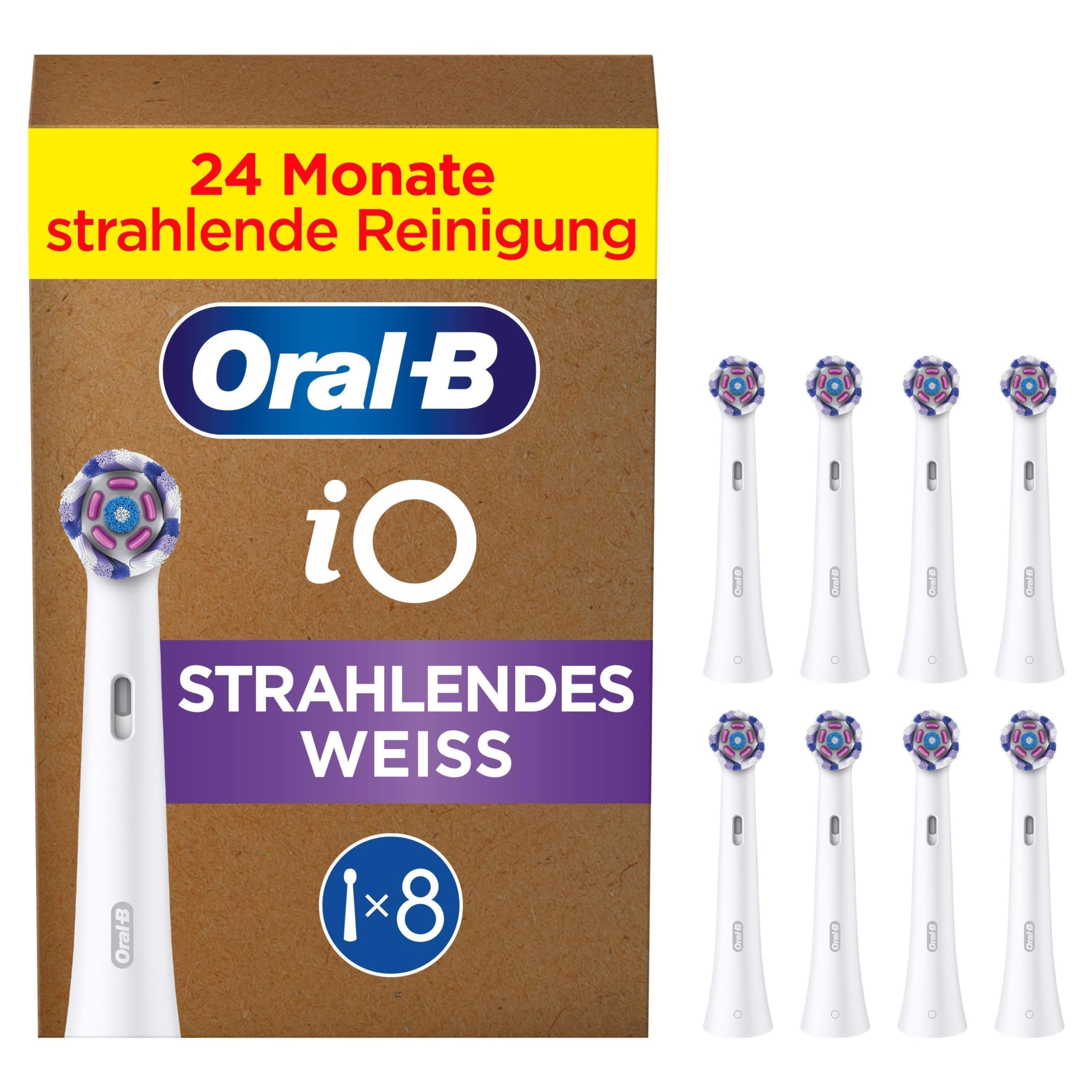 Oral-B iO Strahlendes Weiss Aufsteckbürsten — ORIGINAL Zahnbürstenaufsatz für Elektrische Oral-B iO Zahnbürsten — Bürstenköpfe, Ersatzbürsten zur Zahnaufhellung — Weiß, 8 Stück