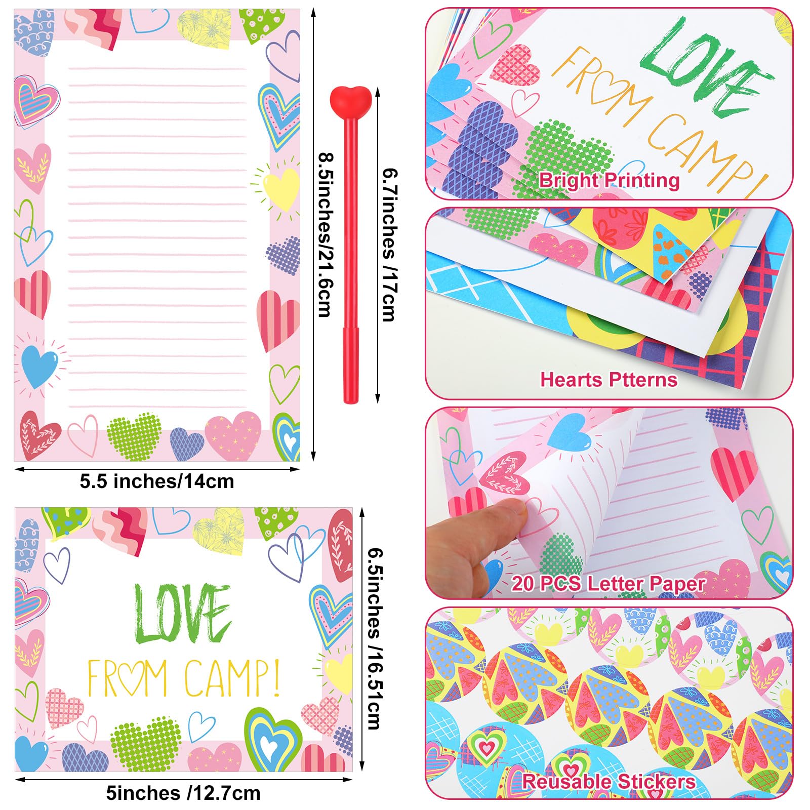 Motipuns El juego de 61 piezas de papelería de corazones de campamento incluye 20 hojas de notas con líneas, 20 sobres, 20 calcomanías y un bolígrafo para fiestas de cumpleaños, campamento,