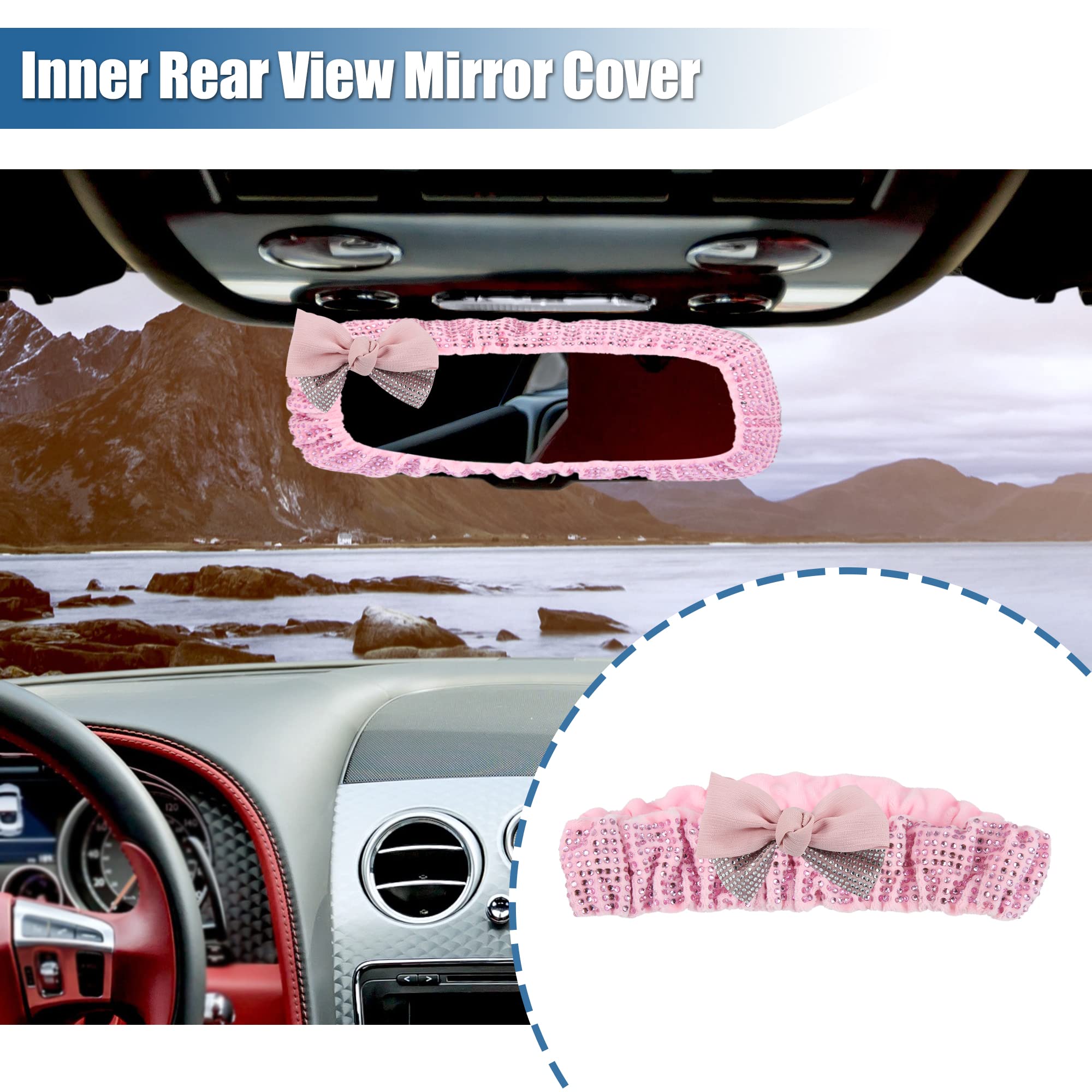 X AUTOHAUX Housse Faux Cristal Pour Rétroviseur Auto Rose 1pc | Dimension: 20.5X4Cm, Poids: 48G, Matériau: Tissu, Compatible Avec La Plupart Des Rétroviseurs Intérieurs