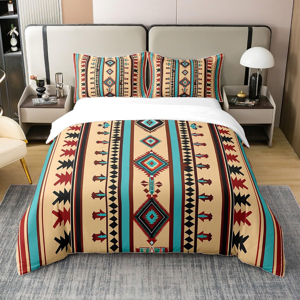 100% Cotton Southwestern Comforter Cover,Vintage Ethnic Geometric Bedding Set,Western Boho Aztec Double Duvet Cover,Chic Exotic Quilt Cover for Kids Teen Adults,Bohemian Bedspread Cover