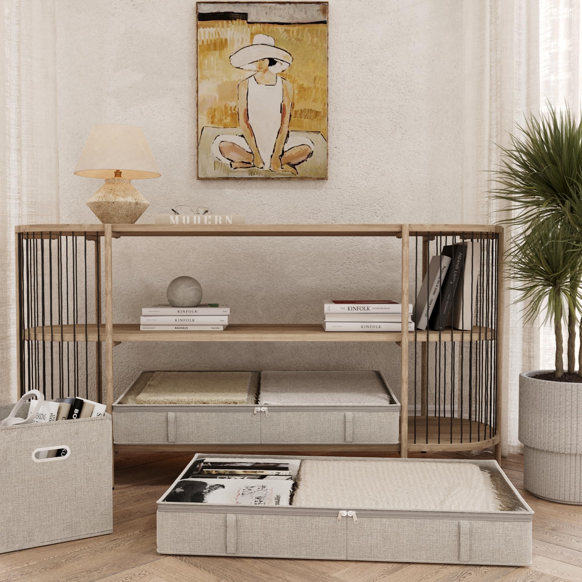 Unterbett-Aufbewahrungsbehälter, niedriges Profil, 12,7 cm hoch, 85,9 x 45 x 13 cm, stabiler Unterbett-Schuh-Organizer, faltbar, Stoff unter dem Bett, 2 Stück, Hellgrau und Weiß