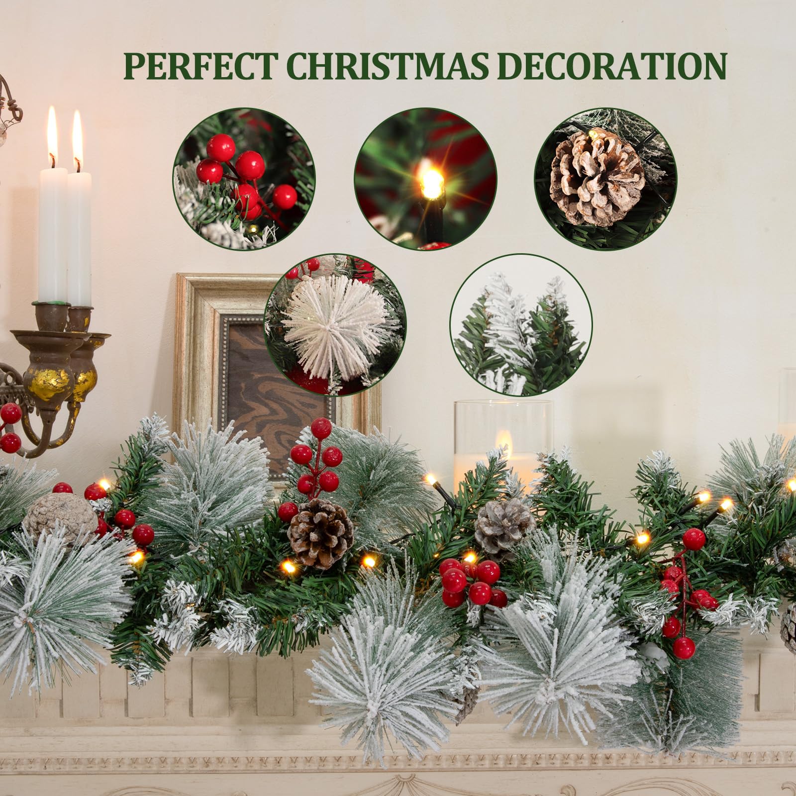 HOHOTIME Ghirlanda natalizia con luci, 2,7 m, ghirlanda di pino artificiale preilluminata con bacche di neve e pigne per mantello, decorazioni natalizie, decorazioni natalizie per scale, ringhiere,