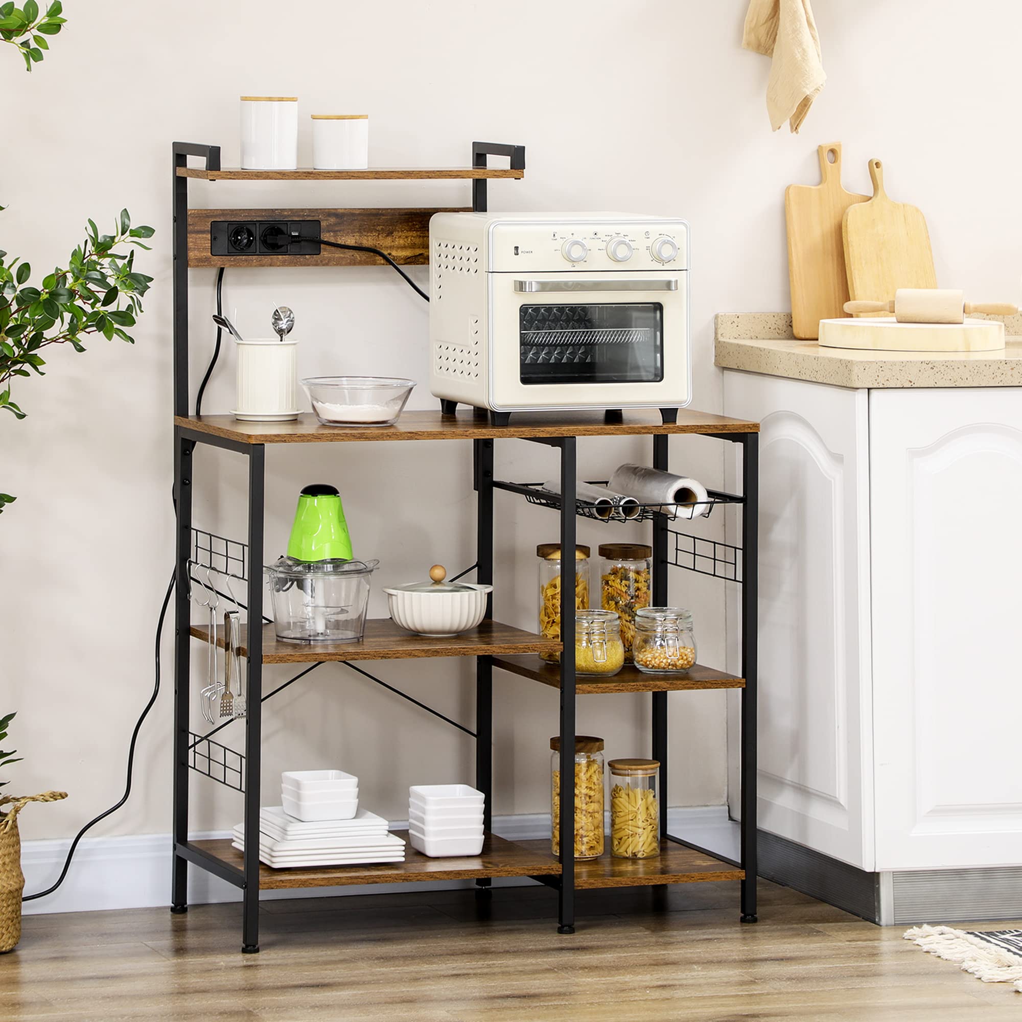 HOMCOM Scaffale da Cucina con Multipresa, Mobile Cucina per Microonde con Ripiani e Cestino a Rete Stile Industriale, 90x42x130cm, Marrone