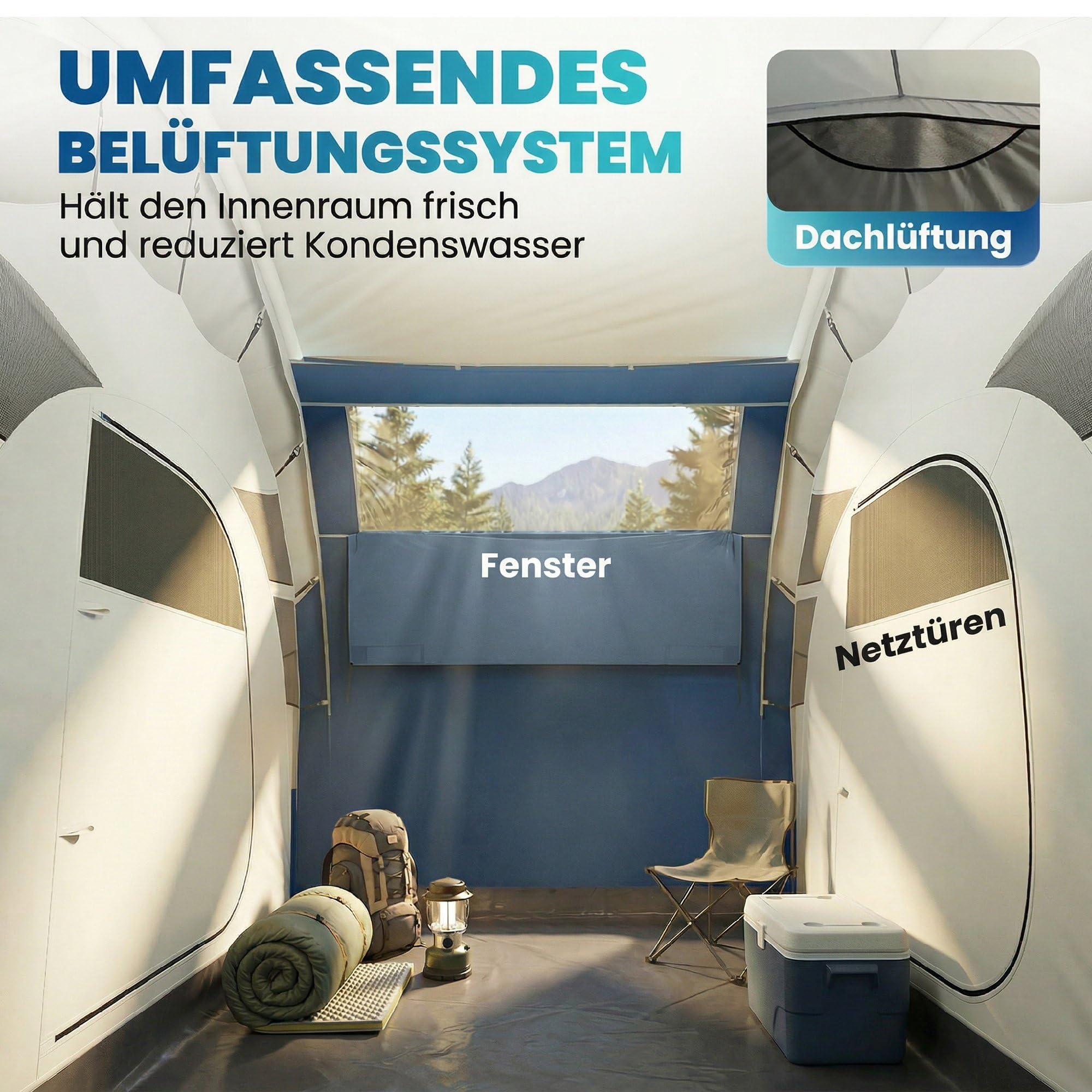 Outsunny Tienda de campaña inflable para 4 personas, montaje rápido, tienda de campaña al aire libre con bomba de aire, 2 dormitorios, ventana de malla fluorescente, piquetas fluorescentes, toldo