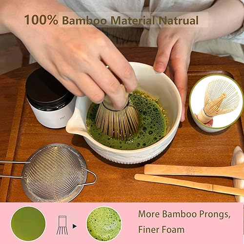 Miniatura 4 de Juego de batidor de matcha, 7 piezas, incluye cuenco con boquilla, batidor y soporte, cuchara de bambú, cuchara, tamiz inoxidable, regalo ideal para