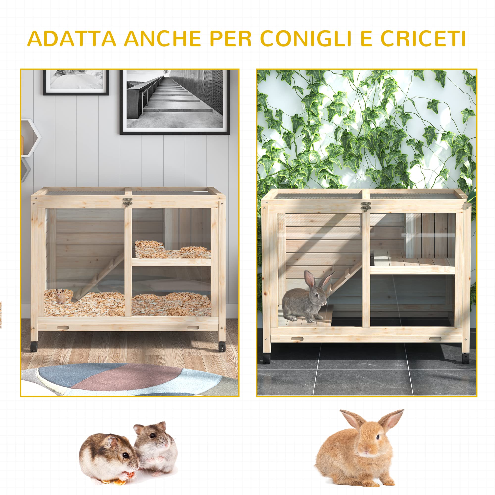 PawHut Conigliera in Legno a 2 Livelli con Casetta per Conigli e Porcellini d'India, Gabbia per Conigli con Rampa e Vassoio Estraibile, 91.5x53.3x73cm, Color Legno