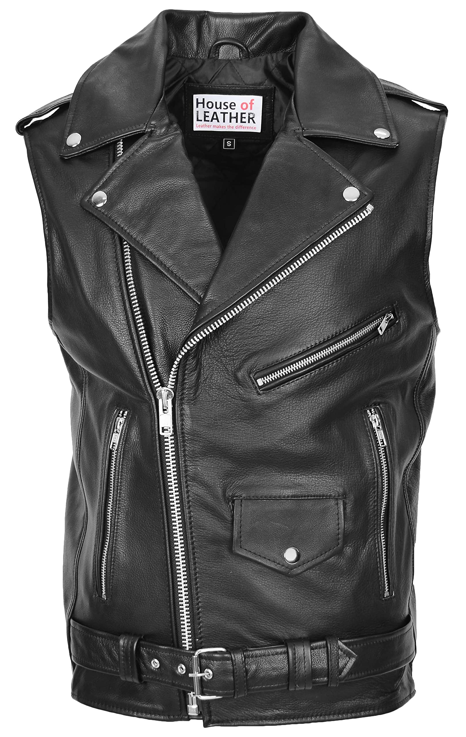 House Of Leather Men's Black Real Leather Biker Gilet Brando Style Vest Jones (L)